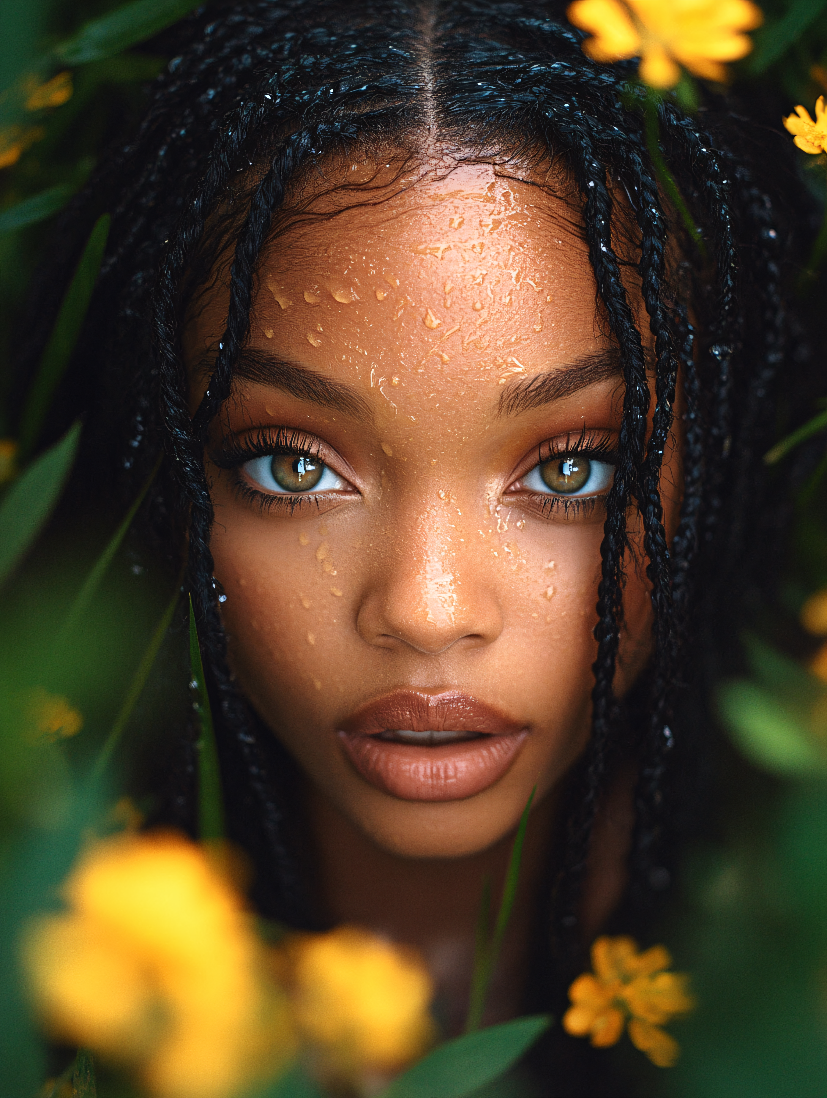 Water Droplets On Face Surrounded By Flowers