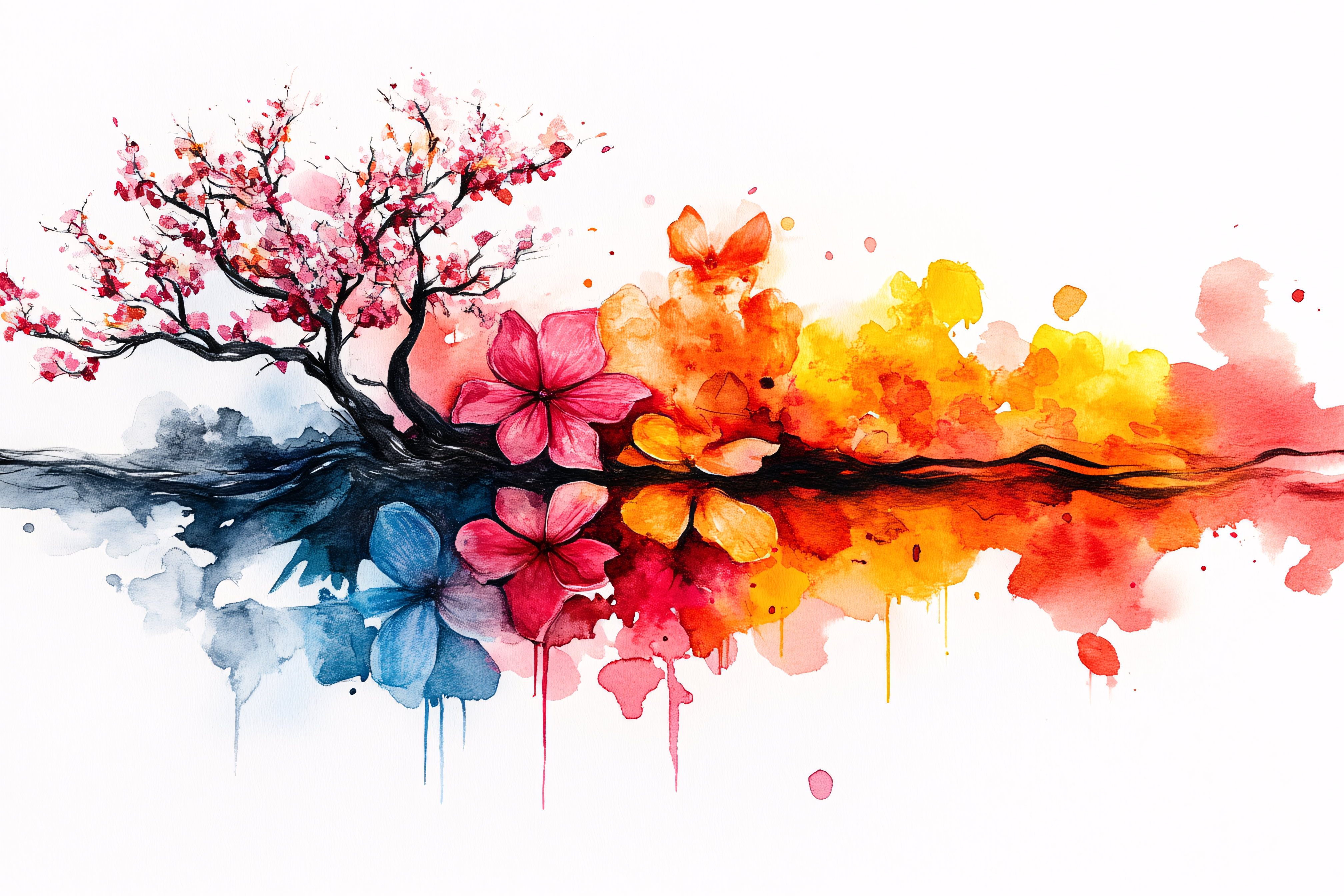 Watercolor Cherry Blossom Tree and Floral Reflection Art