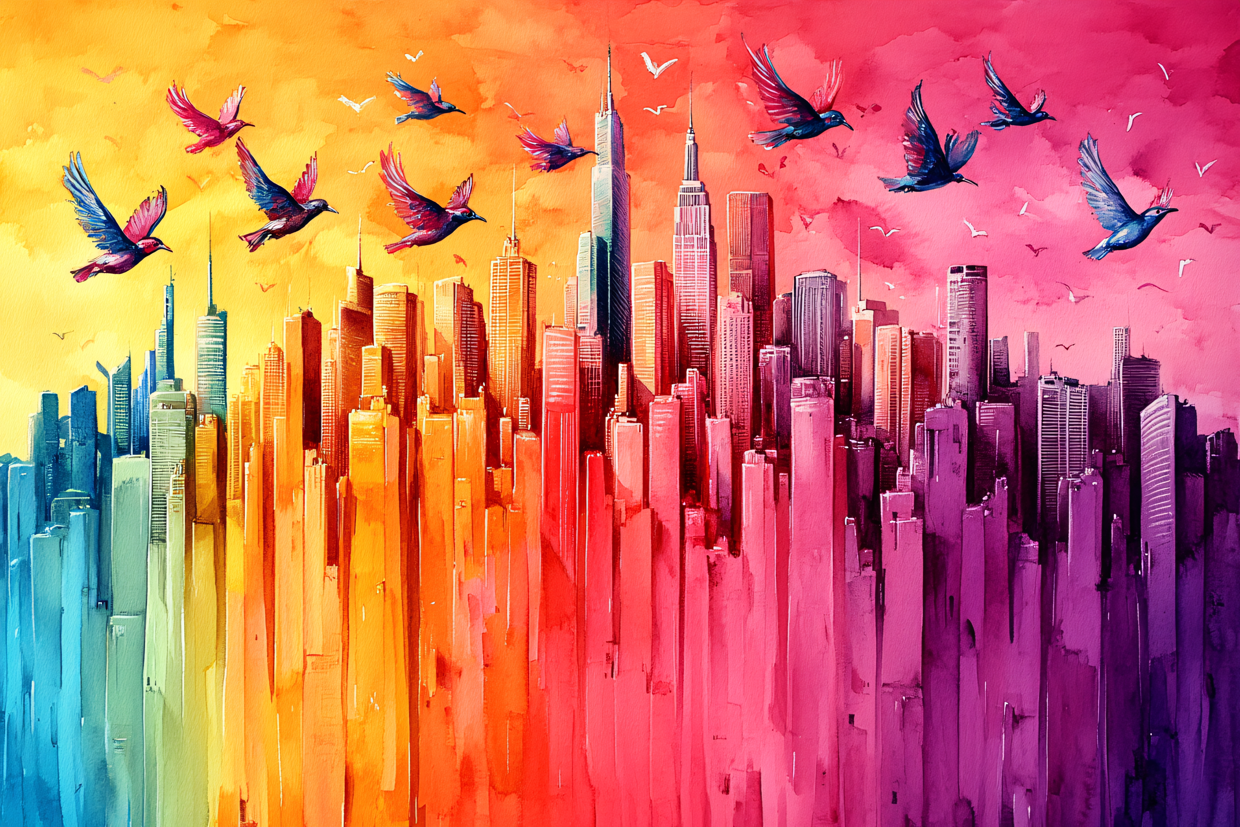 Watercolor Cityscape With Birds
