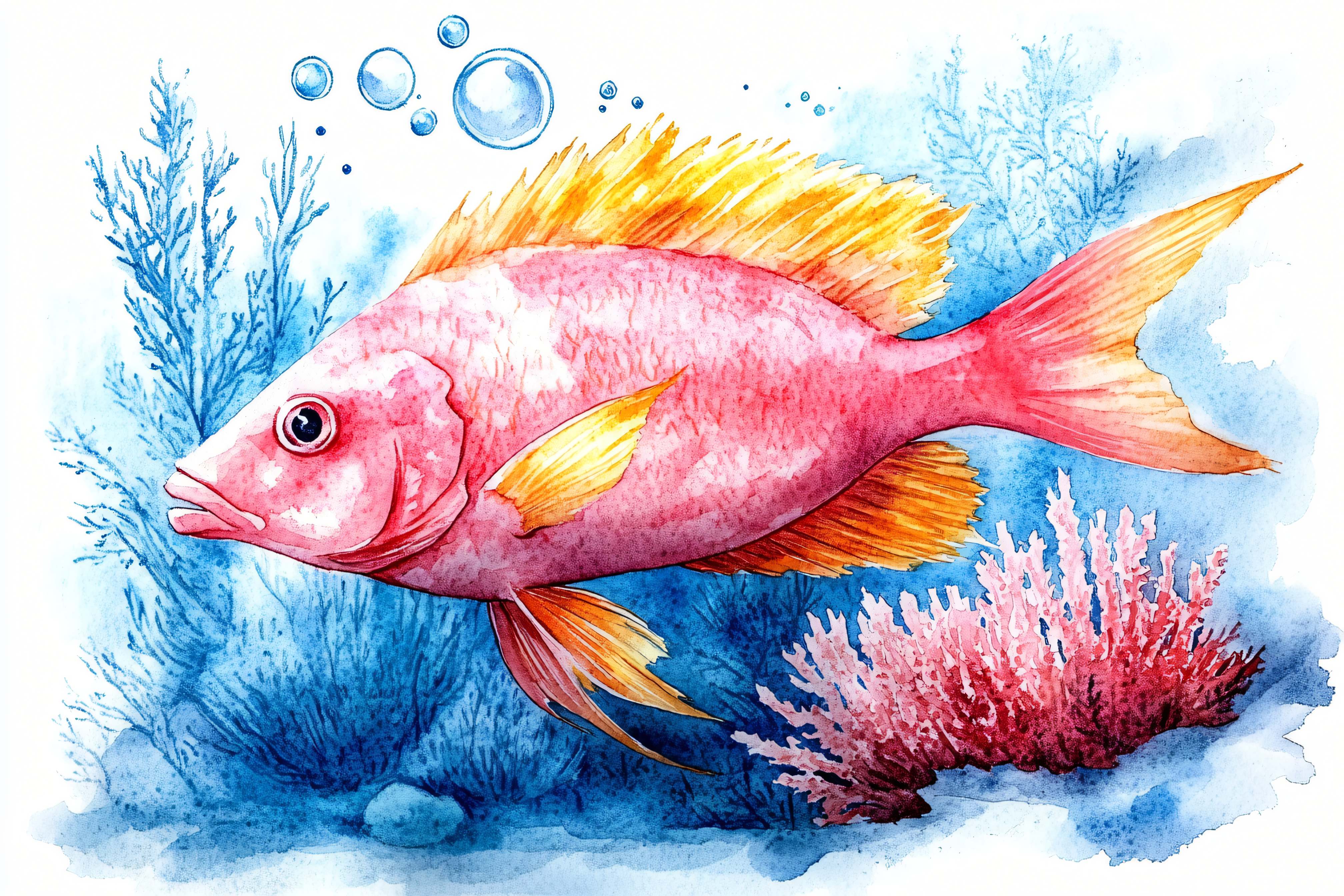 Watercolor Fish With Coral Reef
