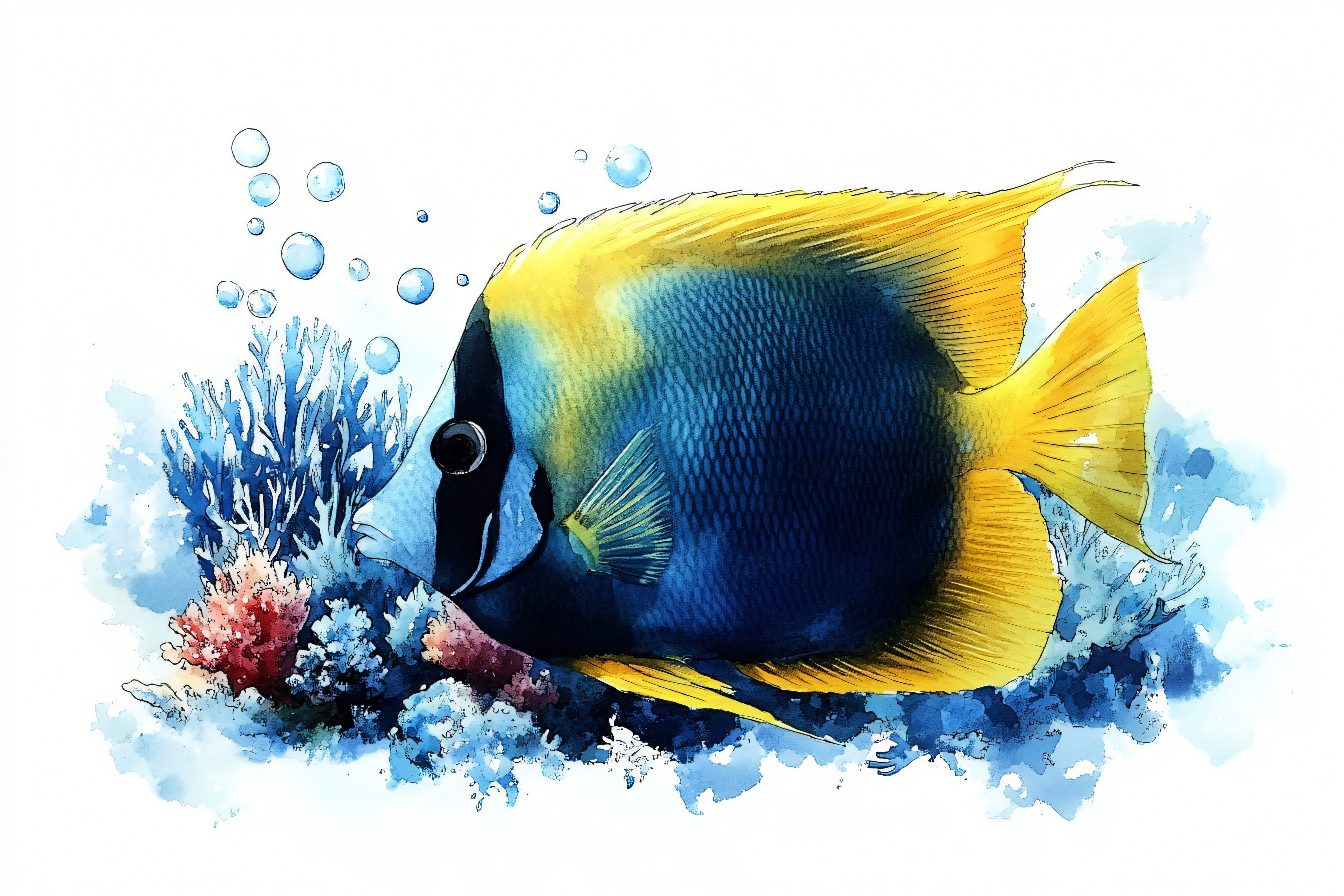 Watercolor Fish with Coral Reef
