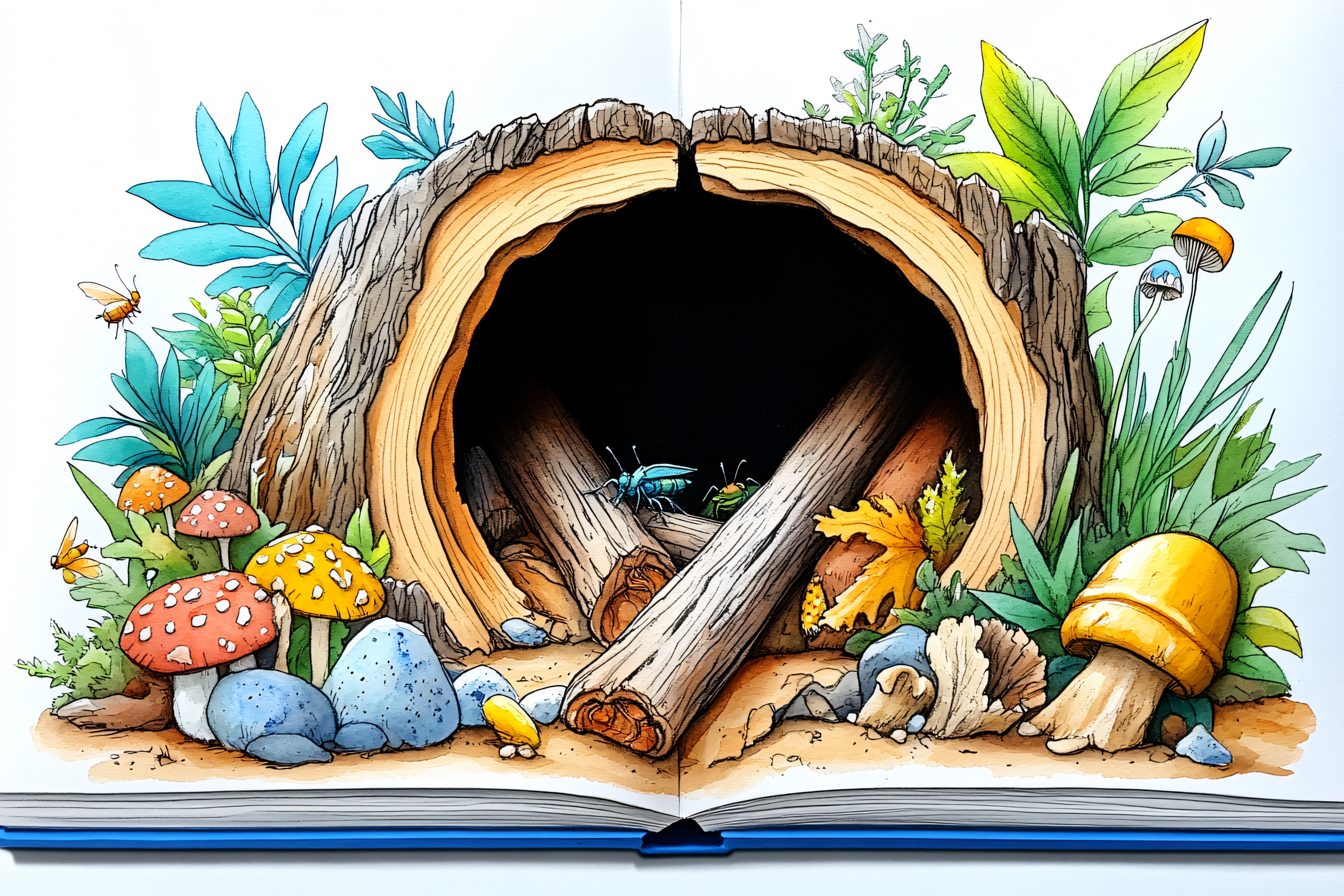Watercolor Hollow Log with Beetles and Mushrooms