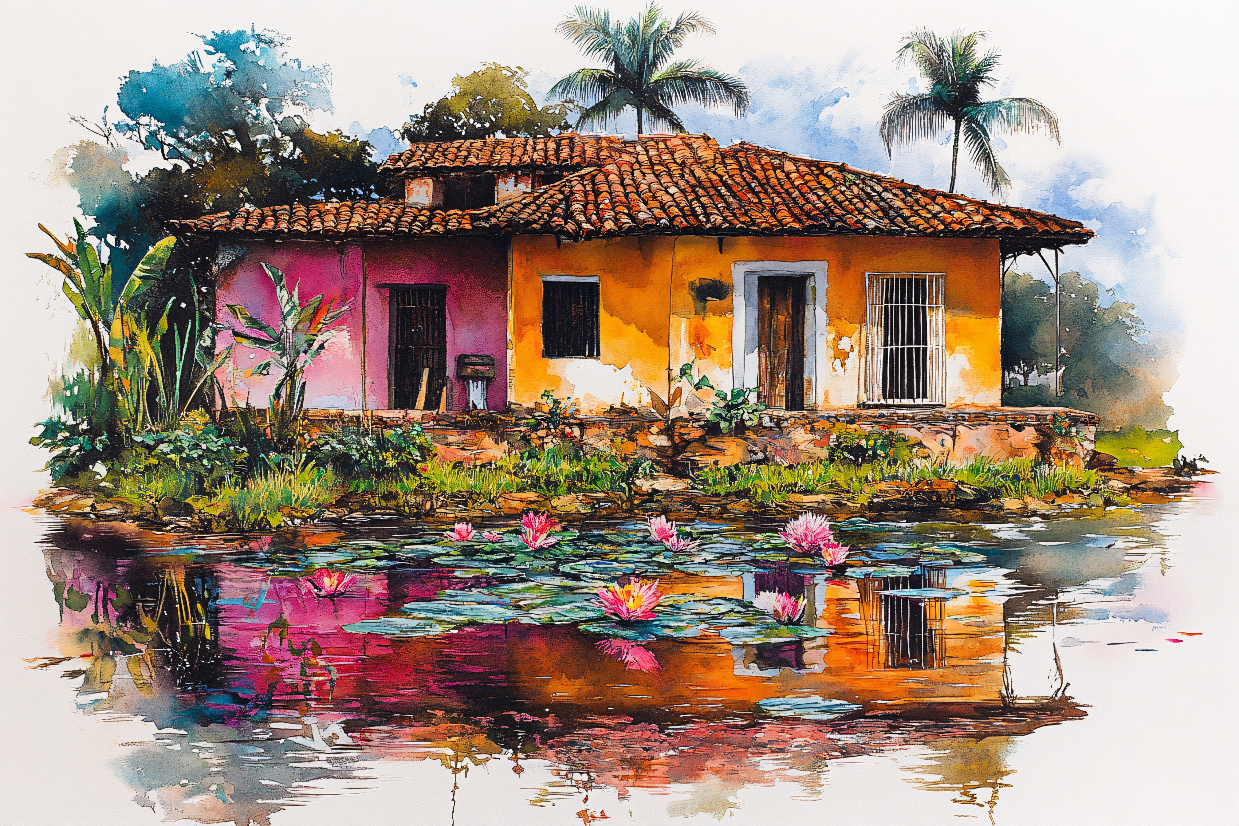 Watercolor House by the Pond