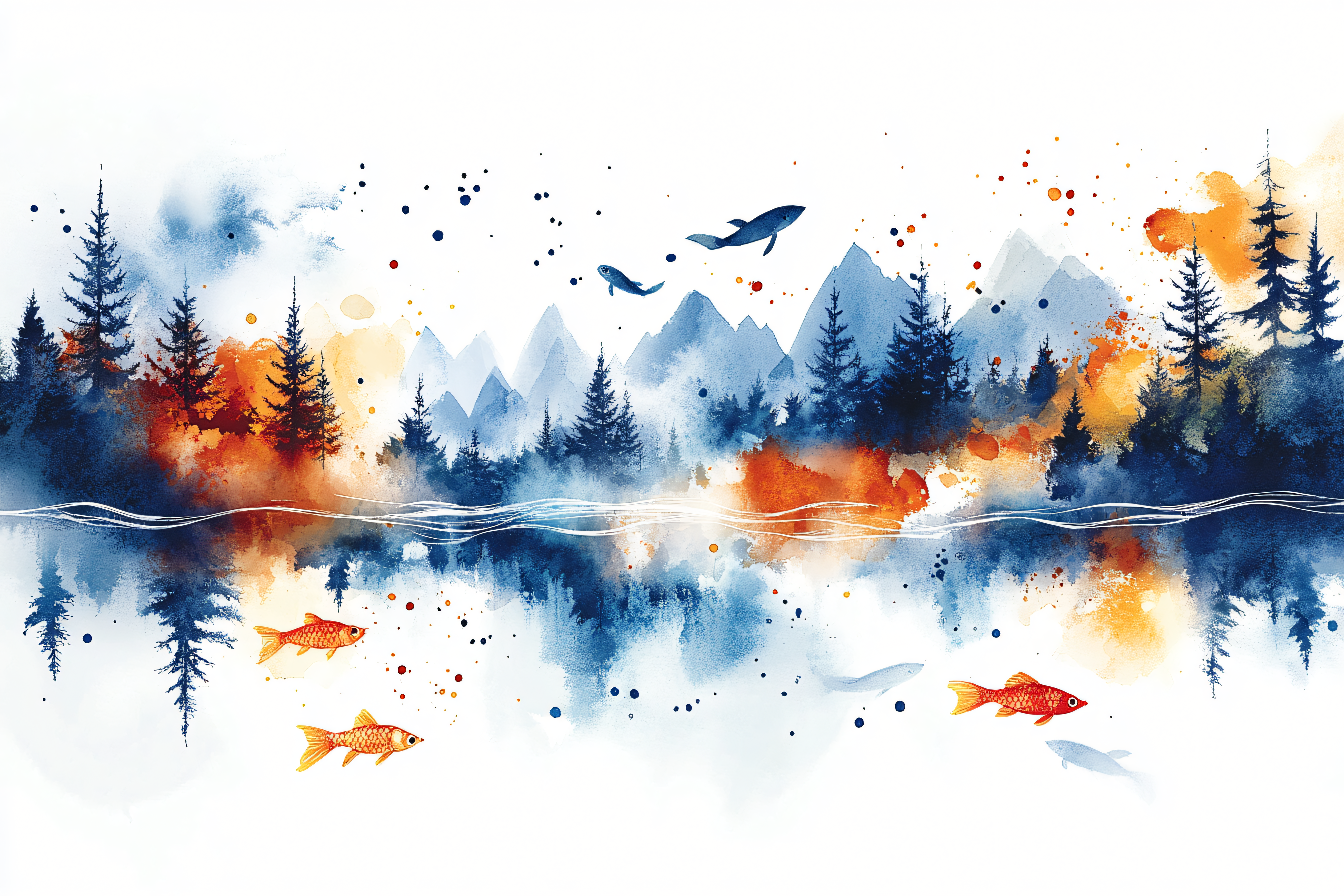 Watercolor Landscape With Mountains Trees Whales and Fish