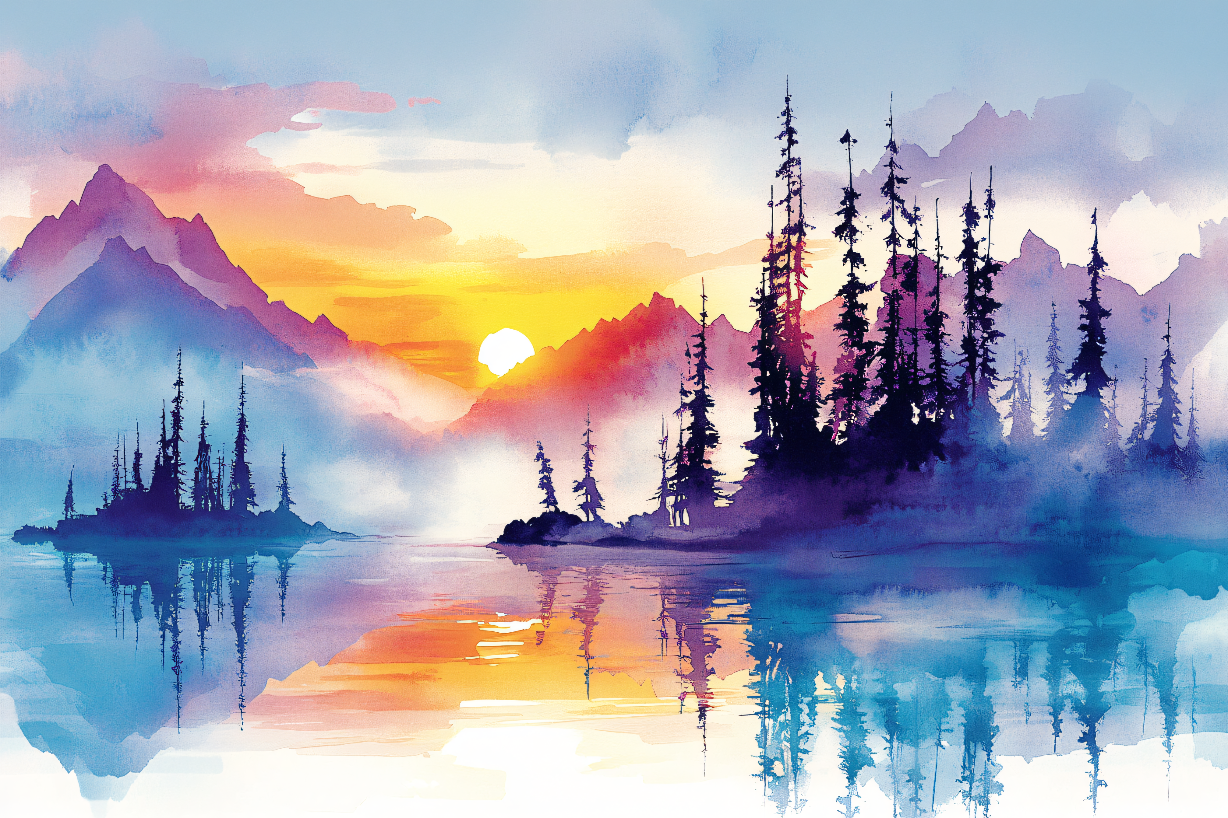 Watercolor Mountain Sunset Landscape