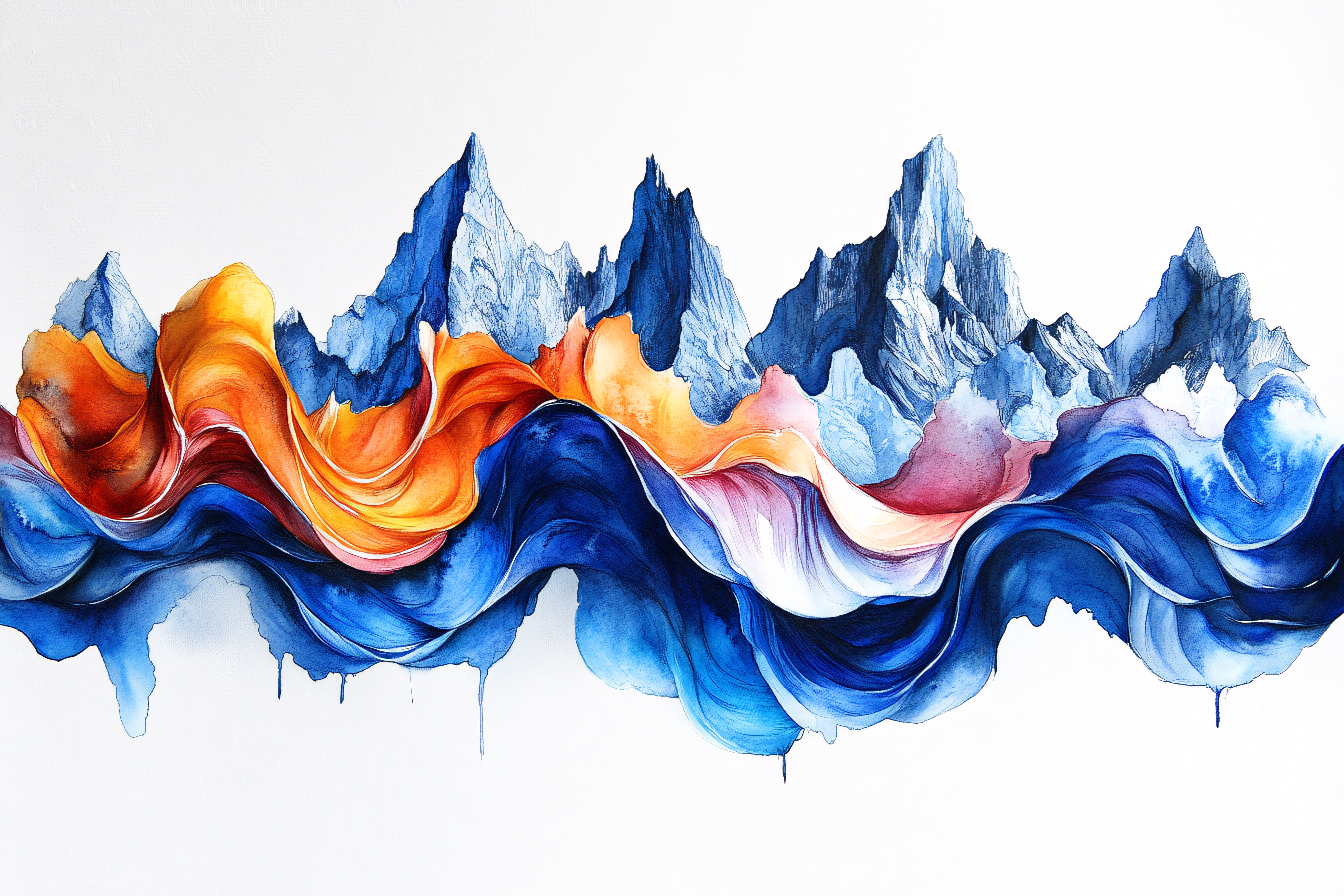 Watercolor Mountainscape with Flowing Ribbons