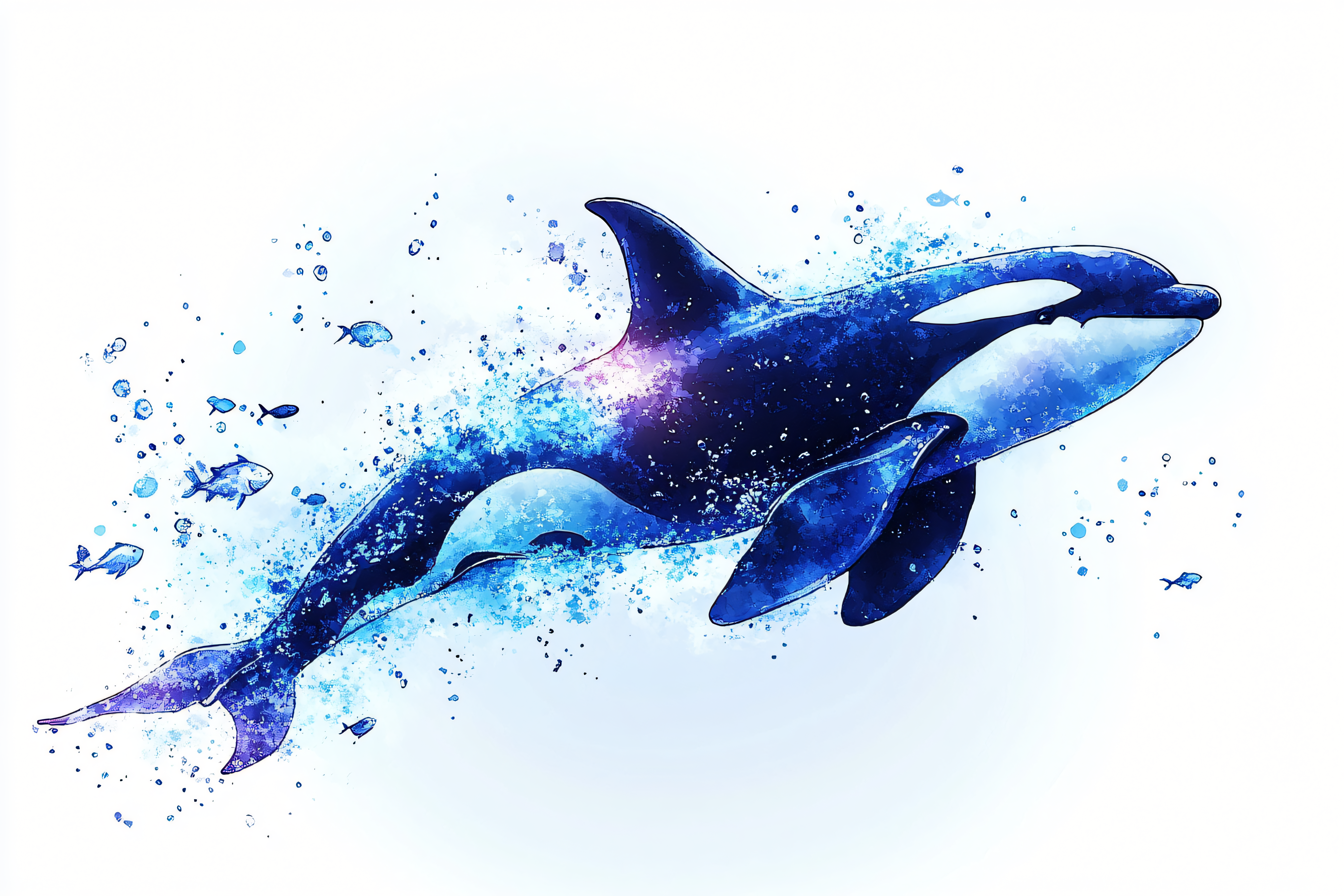 Watercolor Orca with Fish
