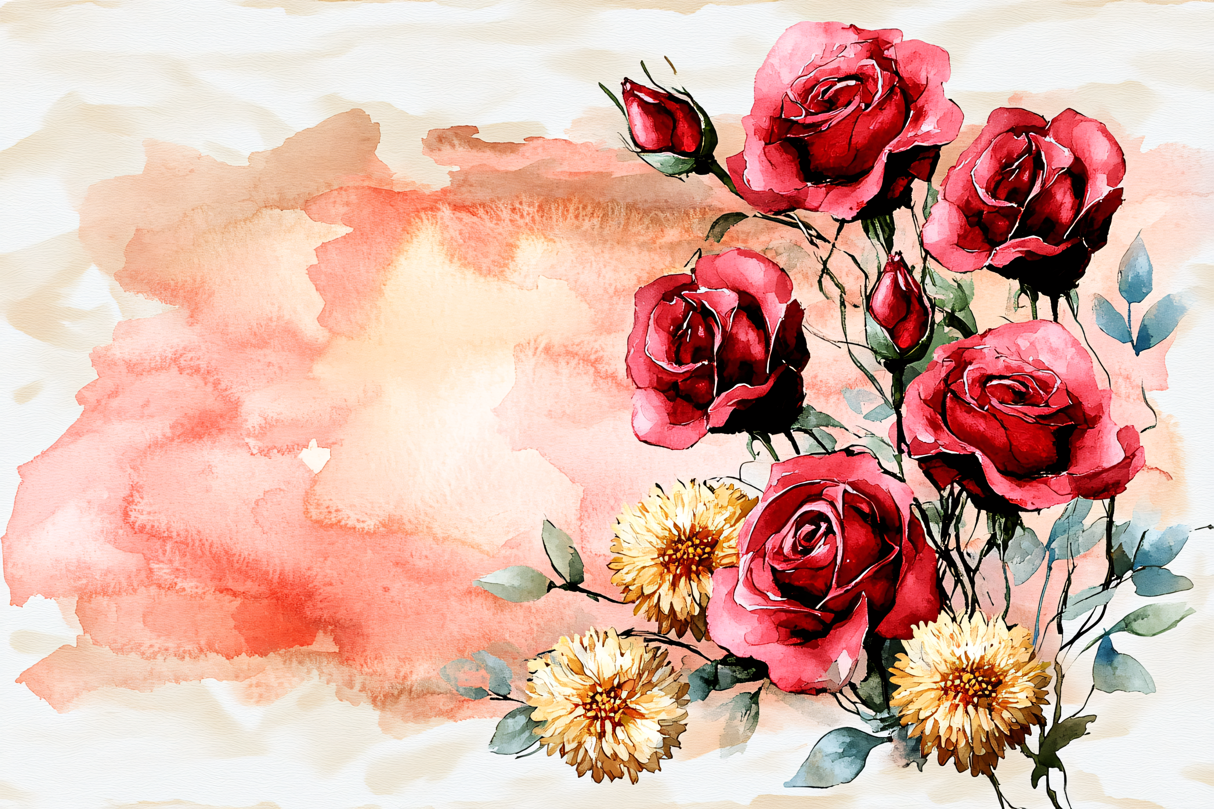 Watercolor Roses and Chrysanthemums