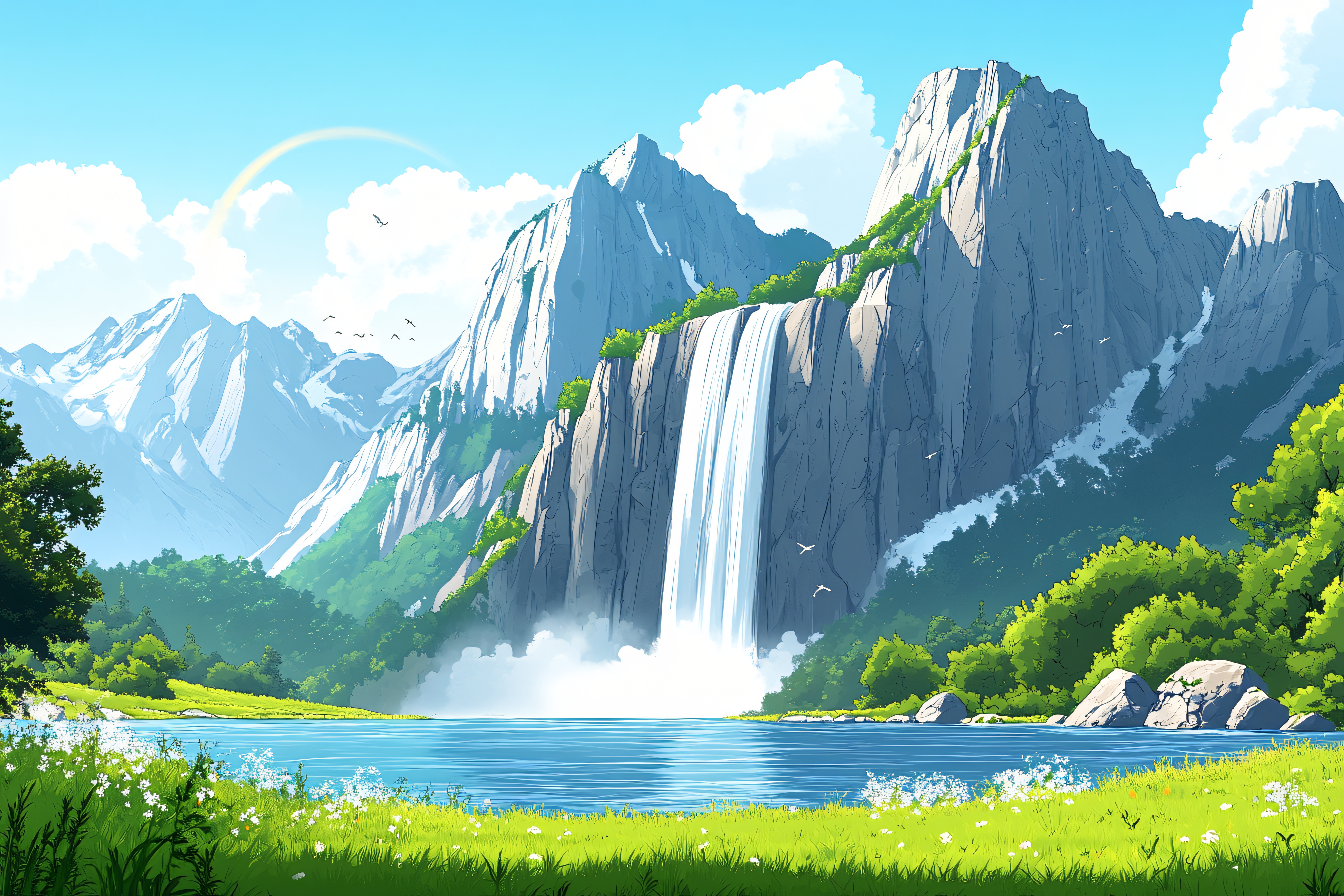 Waterfall and Mountain Landscape