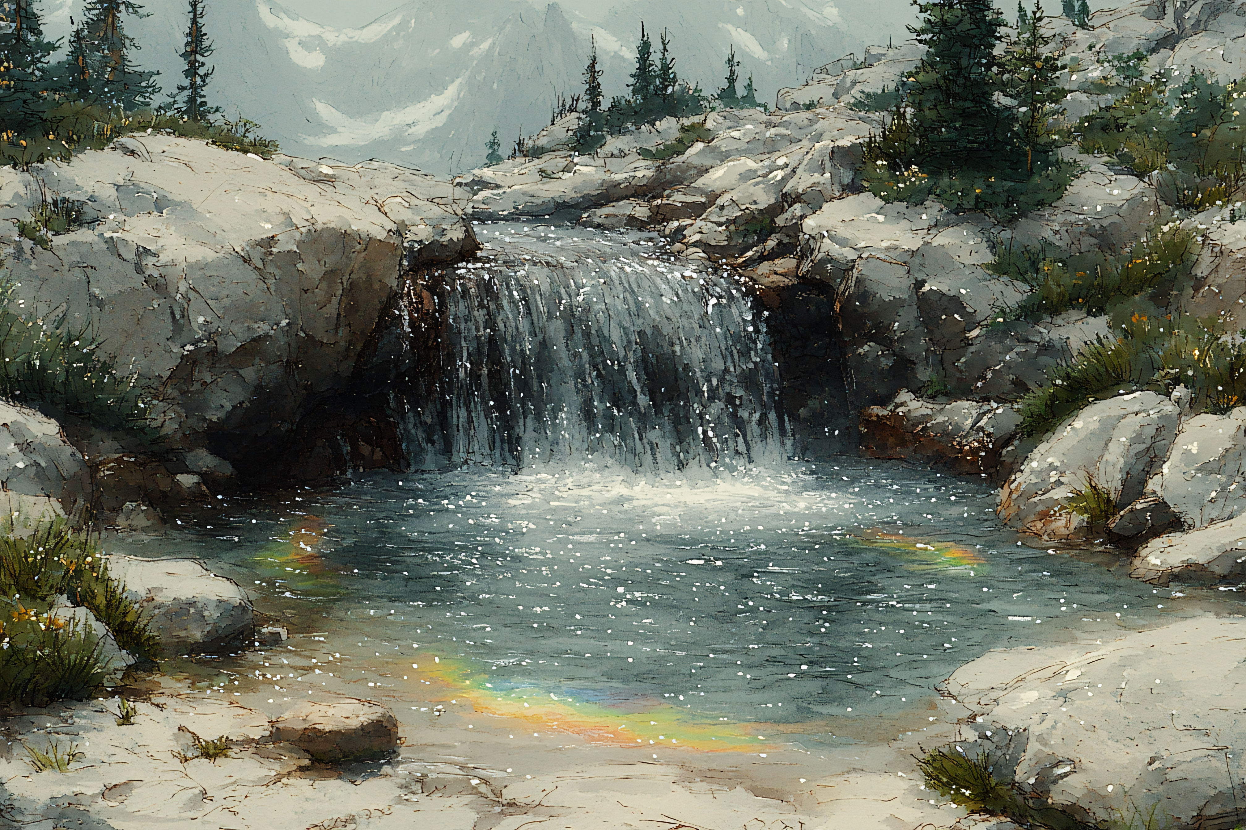 Waterfall Cascade in Mountainous Landscape