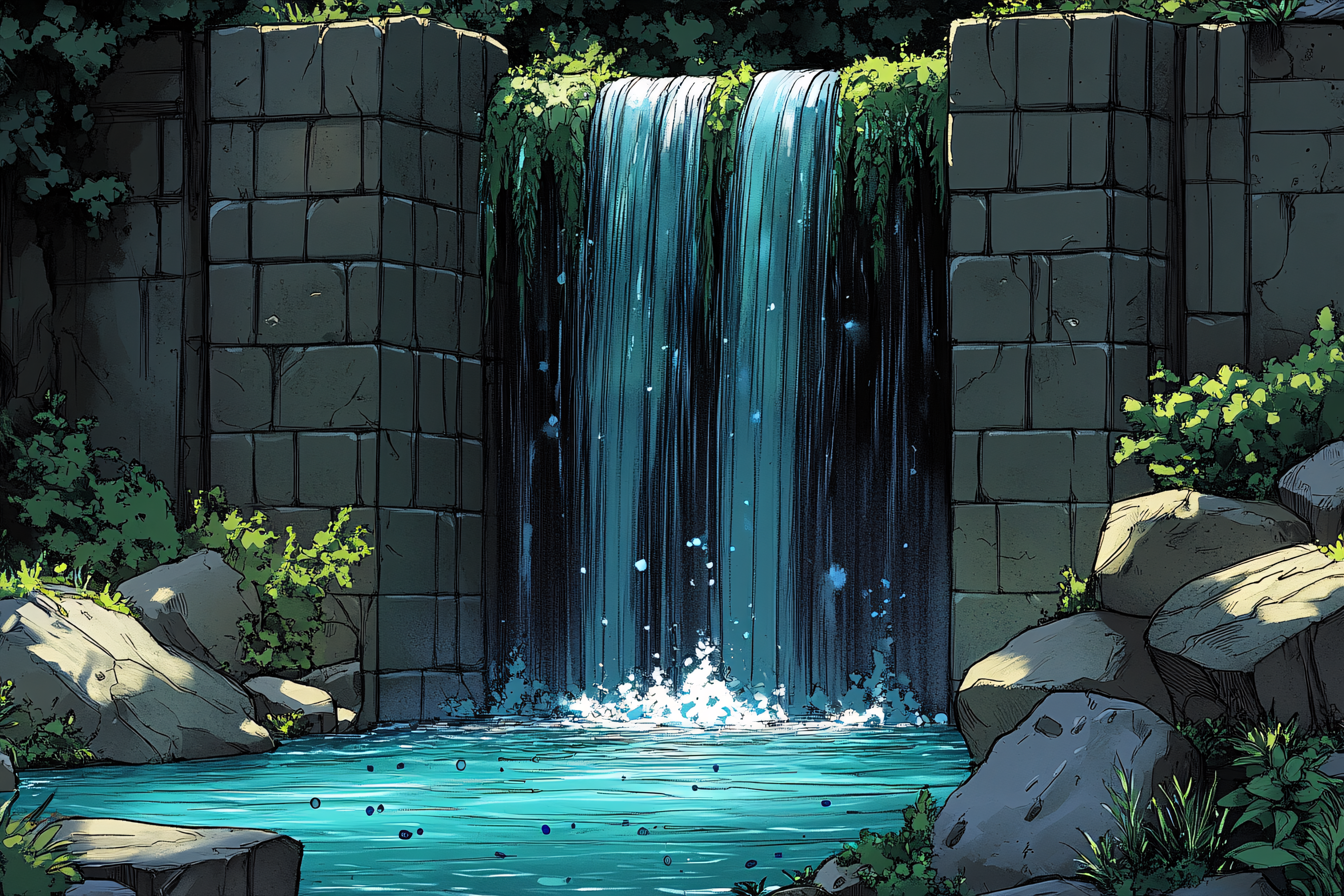 Waterfall Cascade In Stone Walls