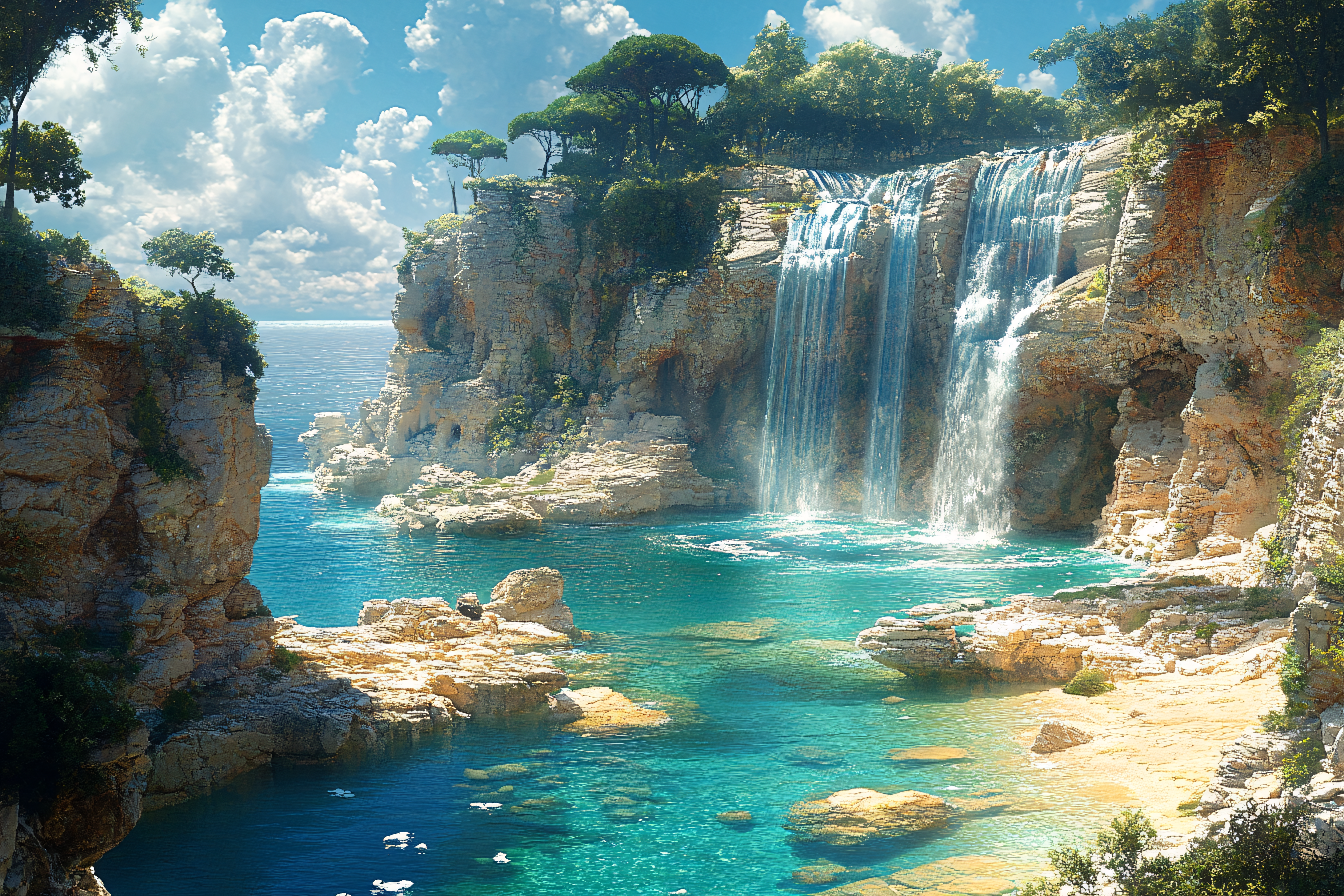 Waterfall Cascading into Turquoise Sea