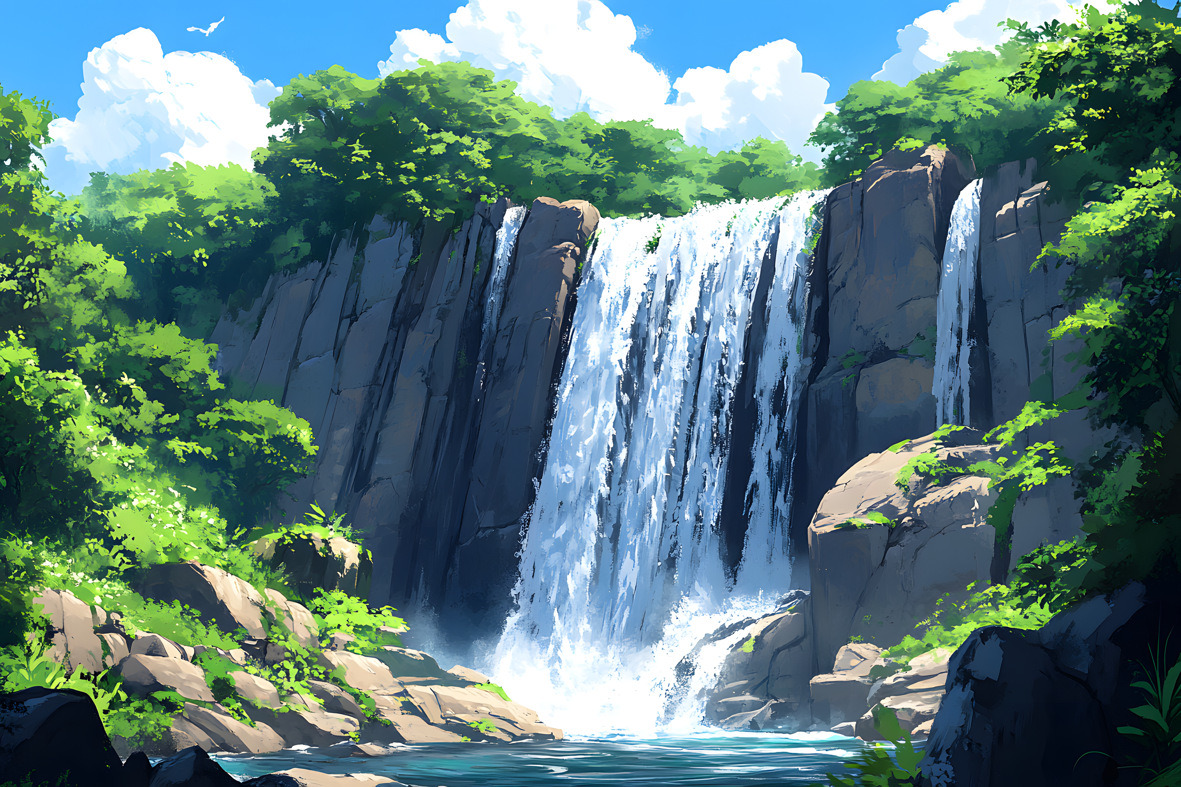 Waterfall in Lush Green Forest