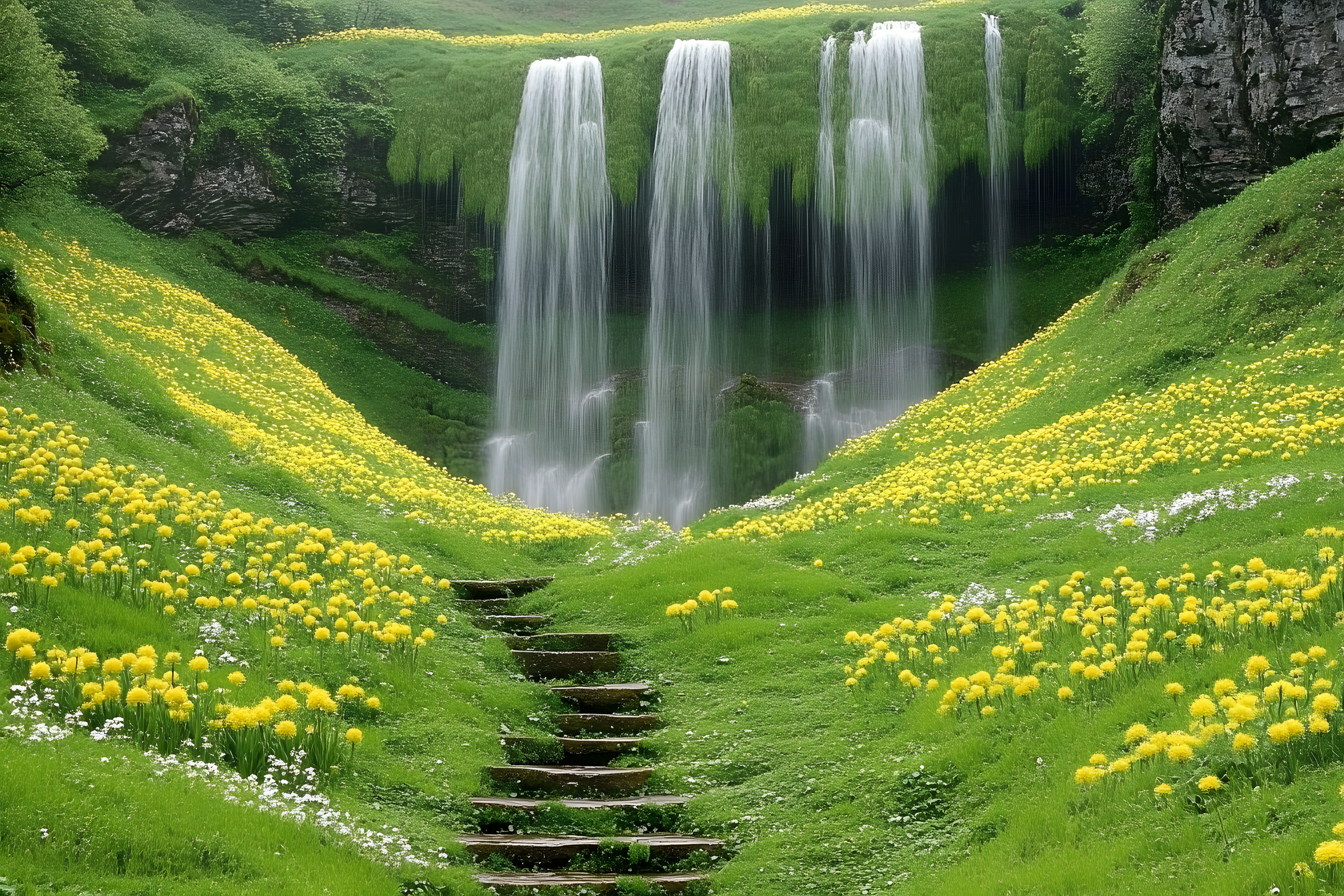 Waterfall in Lush Green Meadow with Yellow Flowers