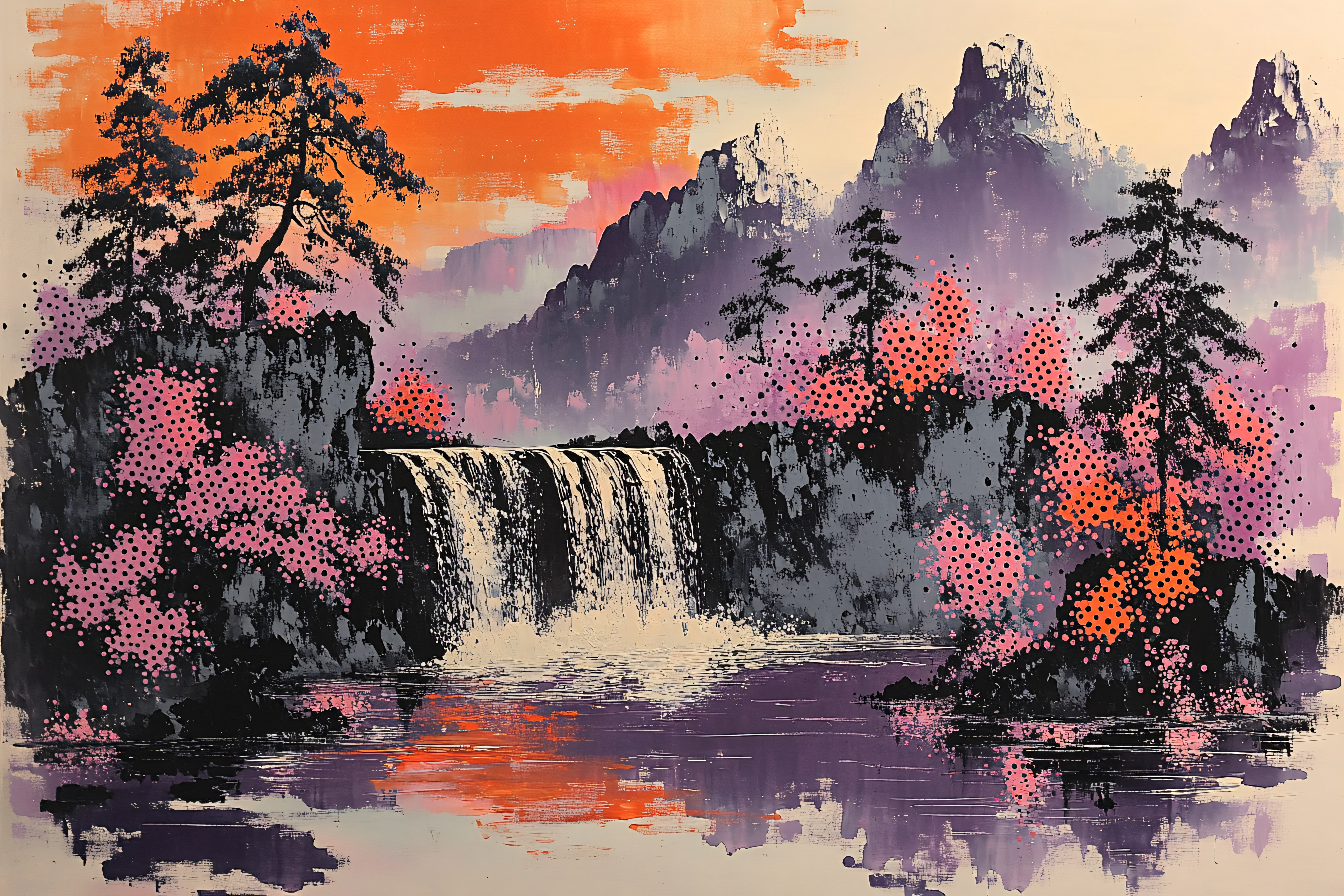 Waterfall Landscape with Abstract Trees