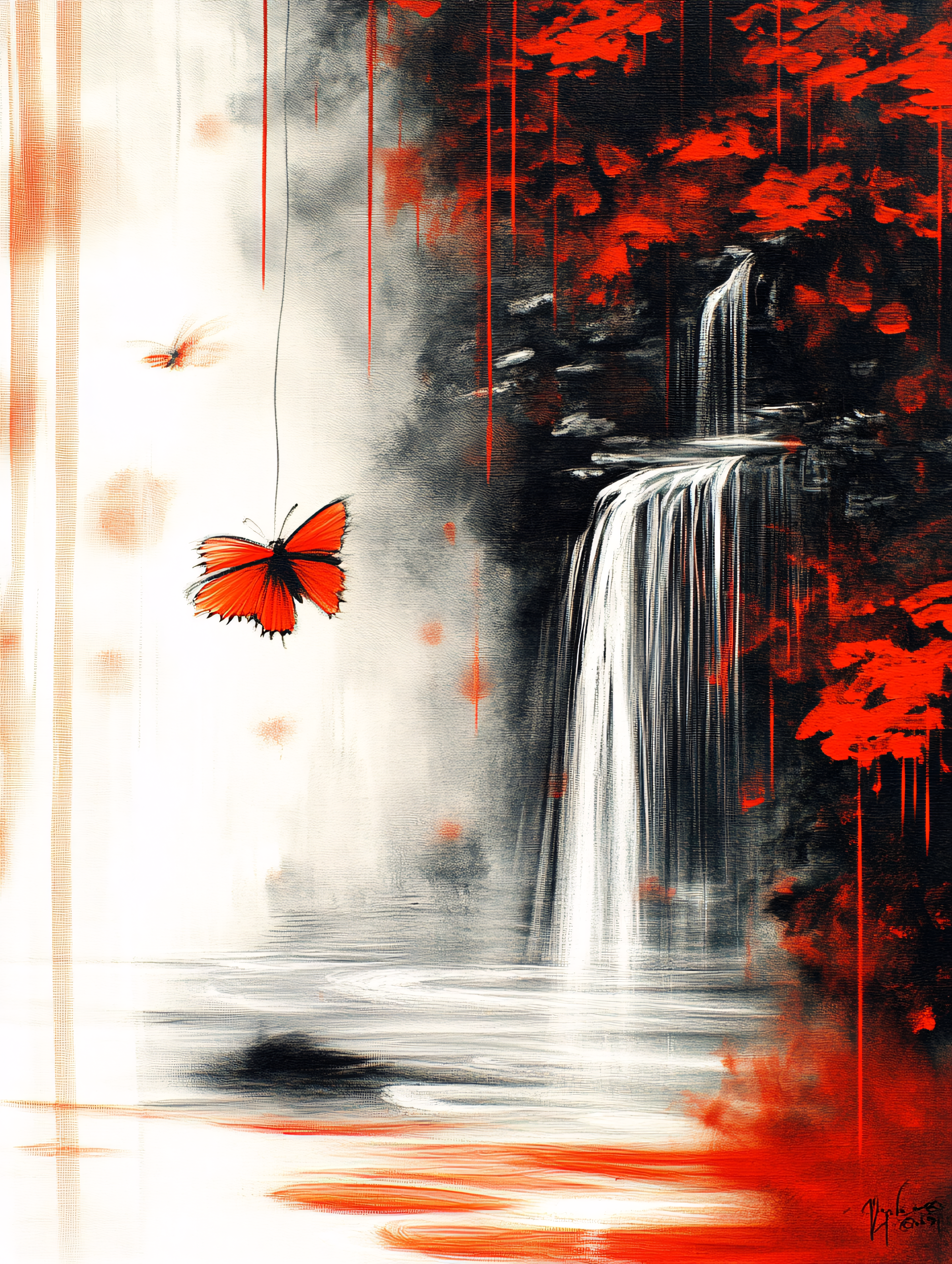Waterfall with Red Butterflies