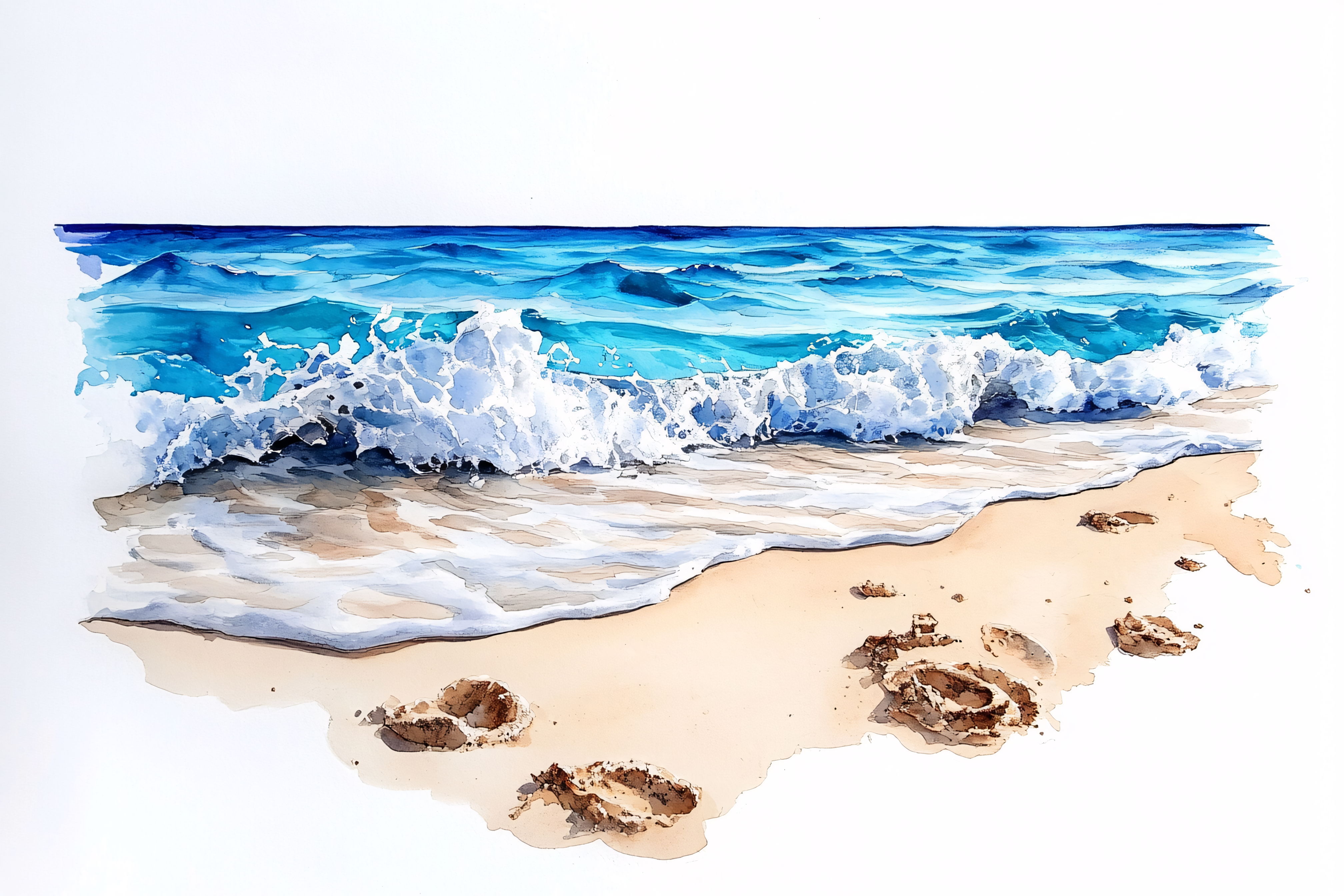 Wave Crashing on Sandy Beach Watercolor