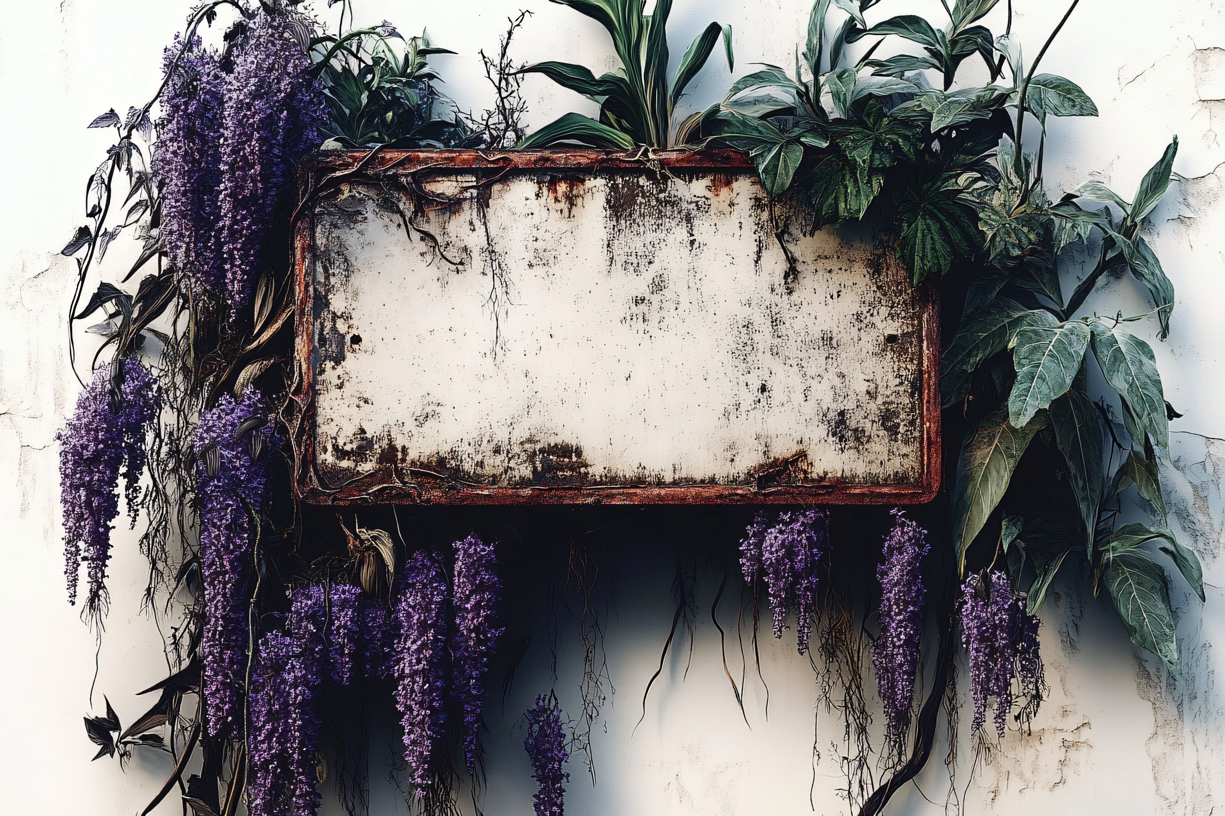 Weathered Signboard Adorned with Blooming Wisteria