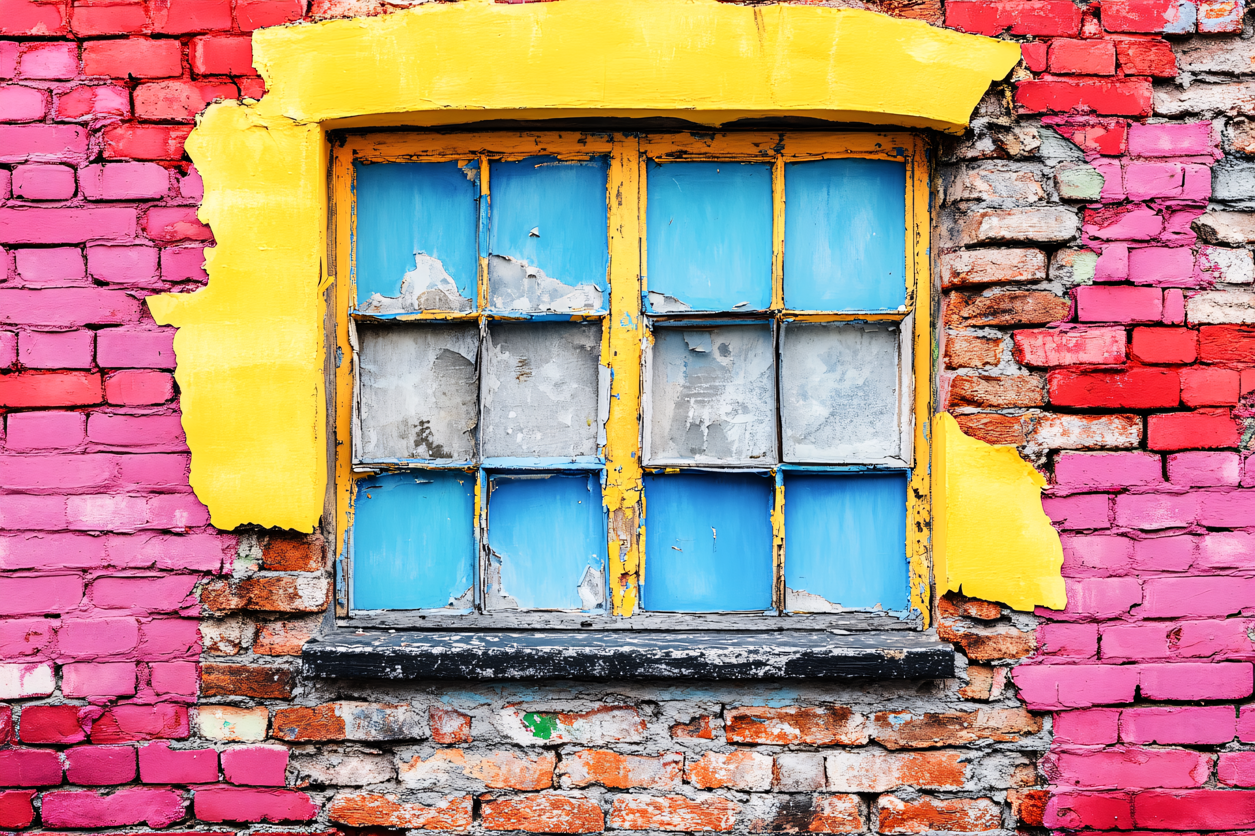 Weathered Window in Colorful Brick Wall