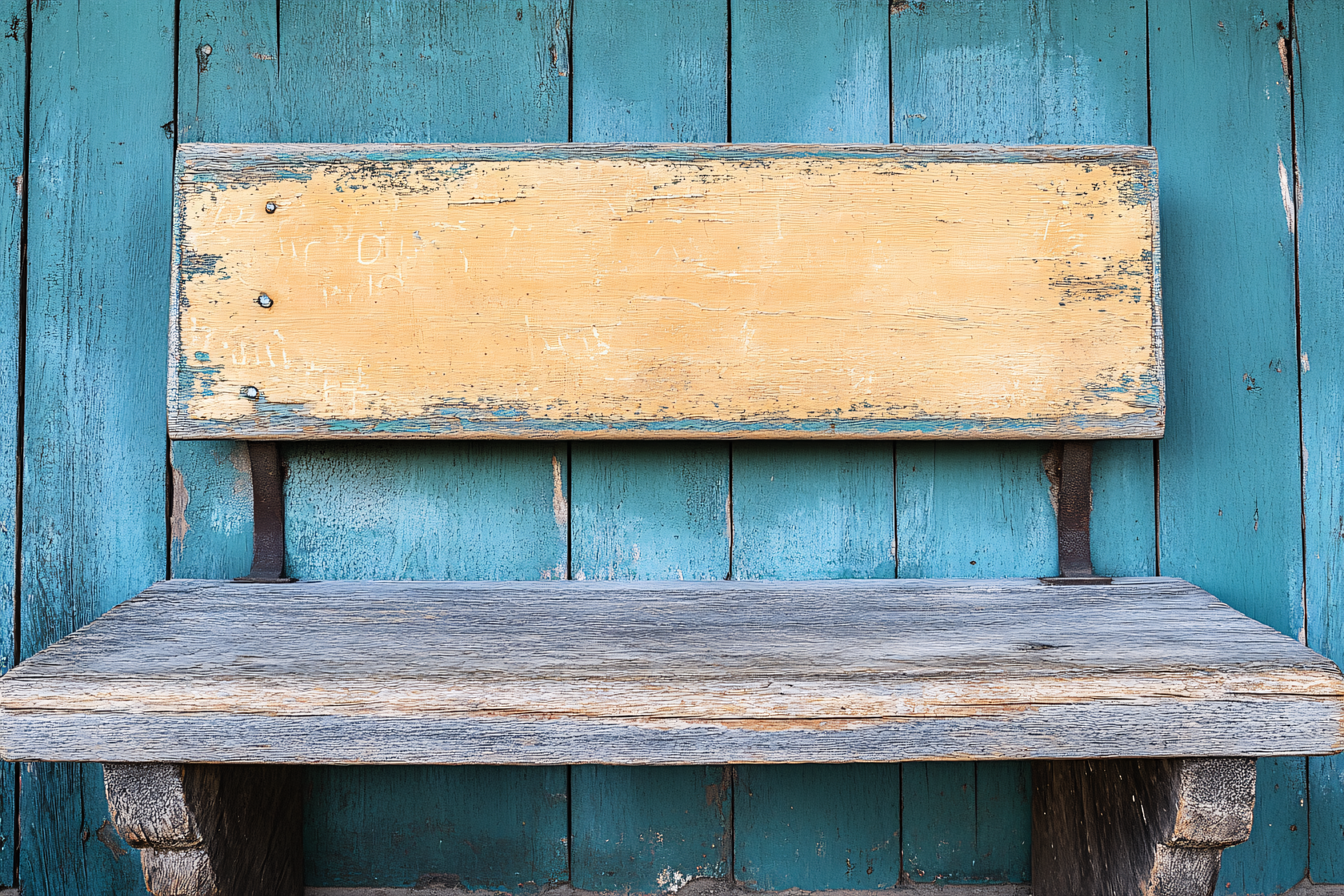 Weathered Wooden Bench Against Blue Wall
