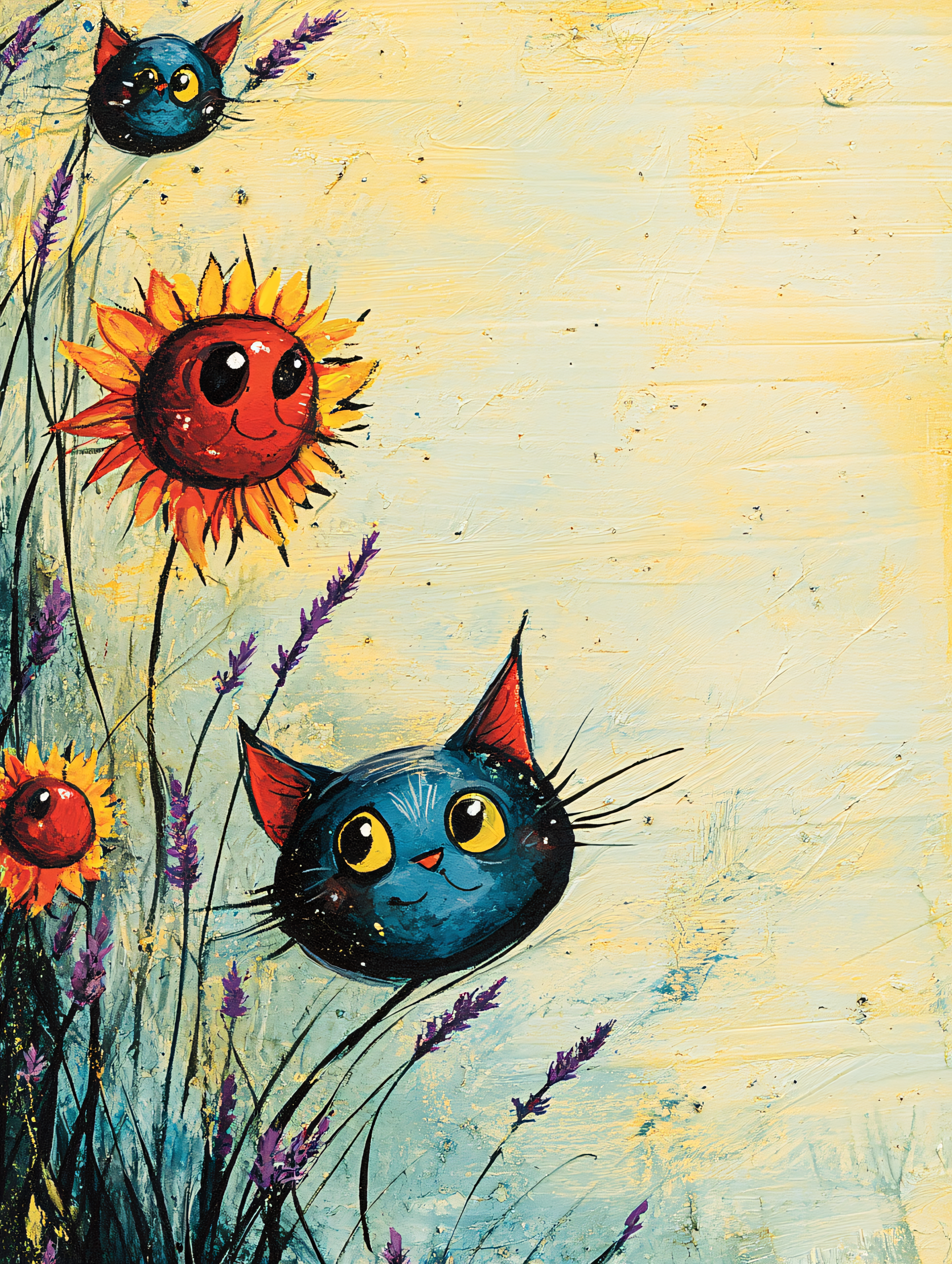whimsical cat face, sunflower illustration