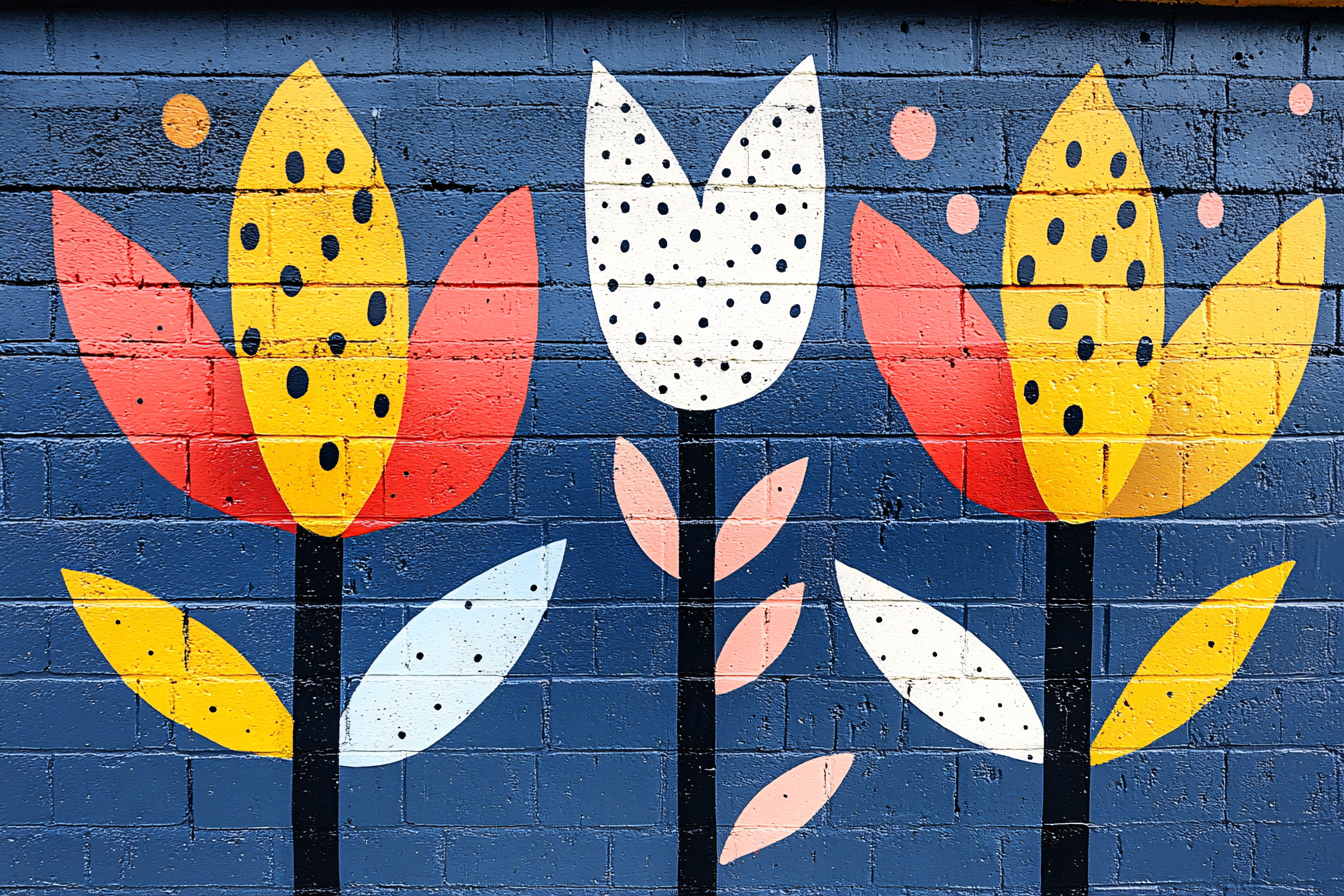Whimsical Floral Mural on Brick Wall