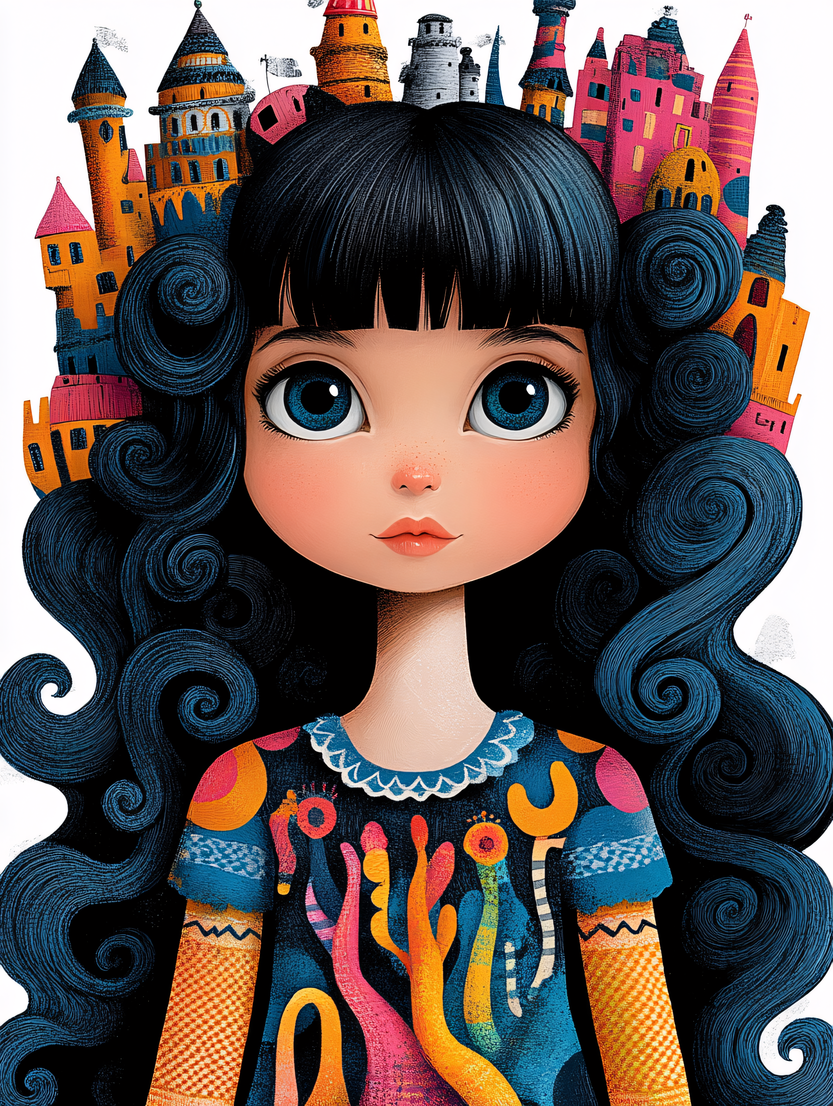 Whimsical Girl With Cityscape Hair