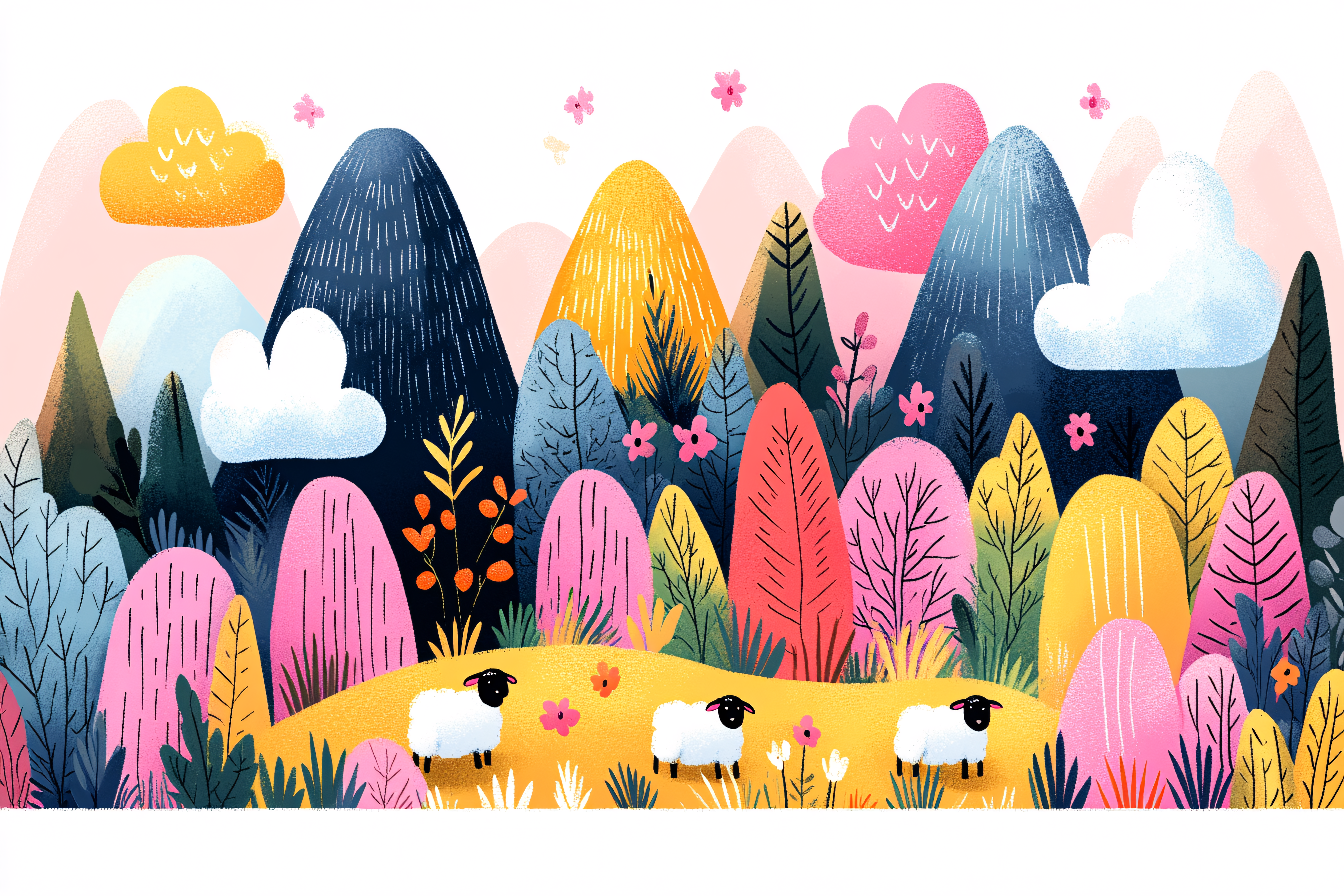 Whimsical Mountain Landscape With Sheep