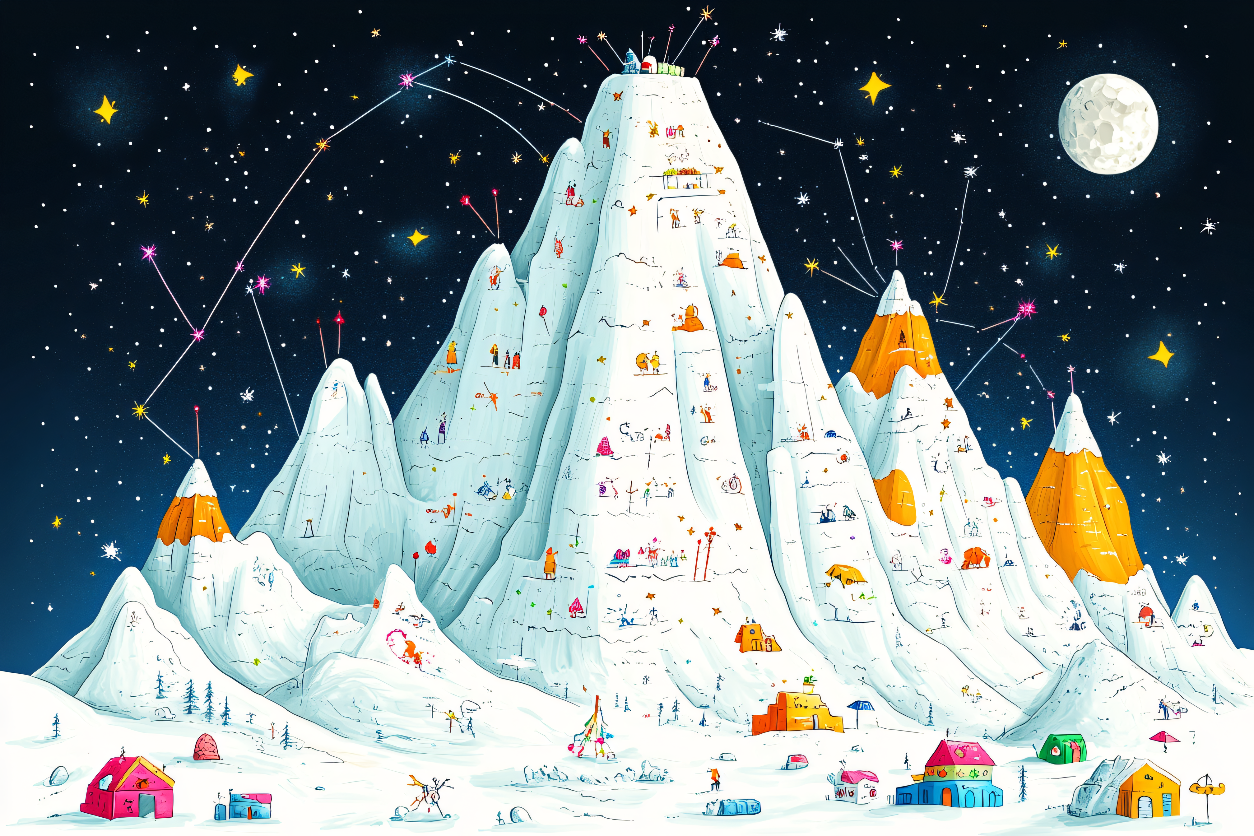 Whimsical Mountain Scene Under a Starry Sky