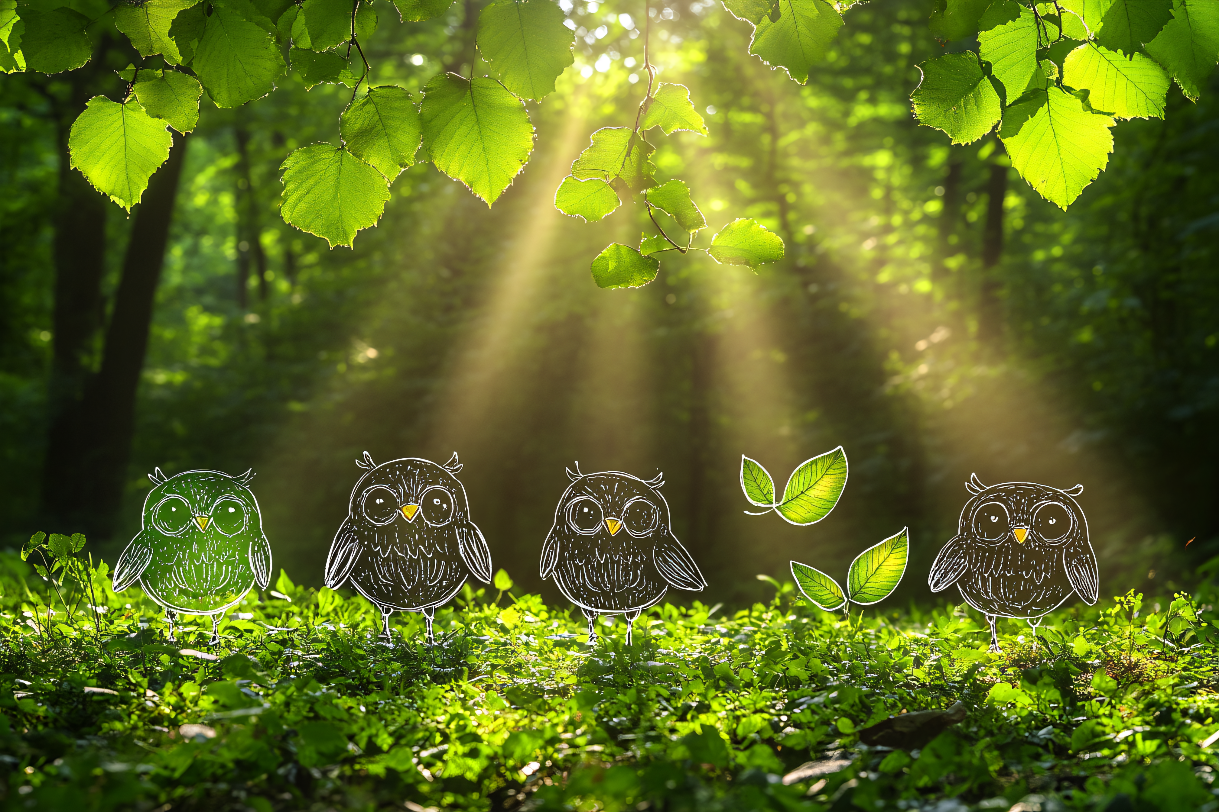 Whimsical Owls in Sunlit Forest