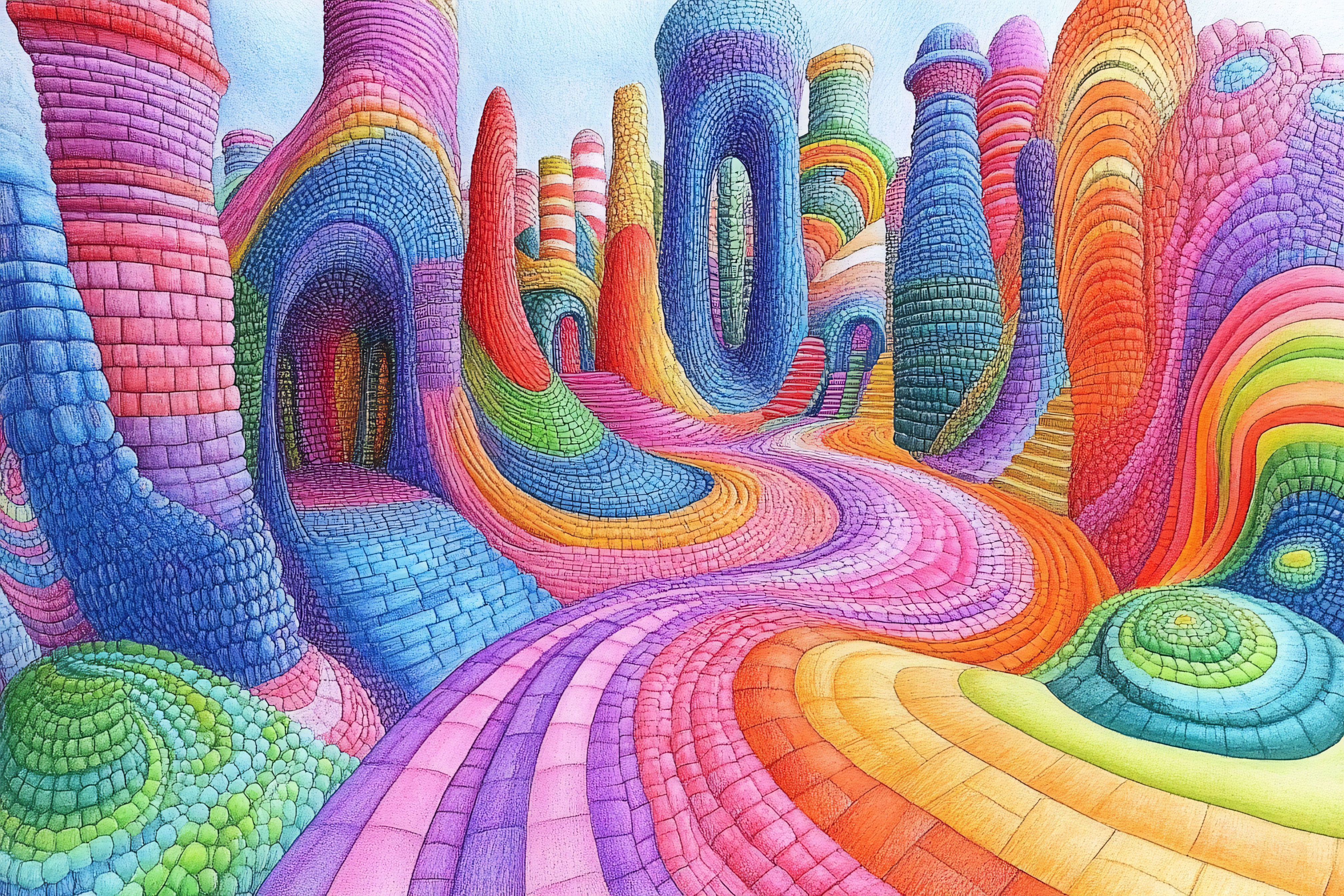 Whimsical Rainbow Brick Towers Landscape