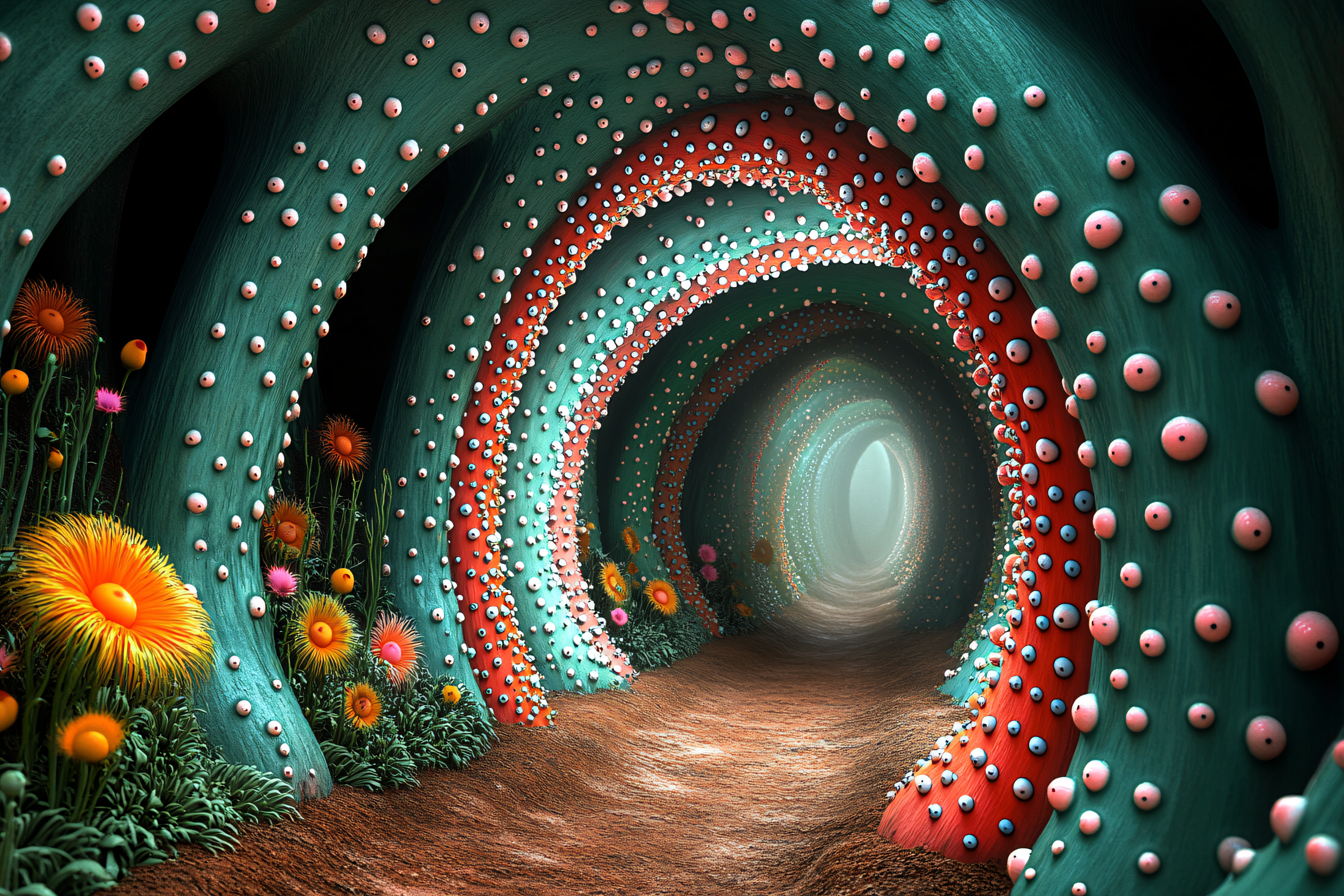 Whimsical Tunnel of Bioluminescent Flora