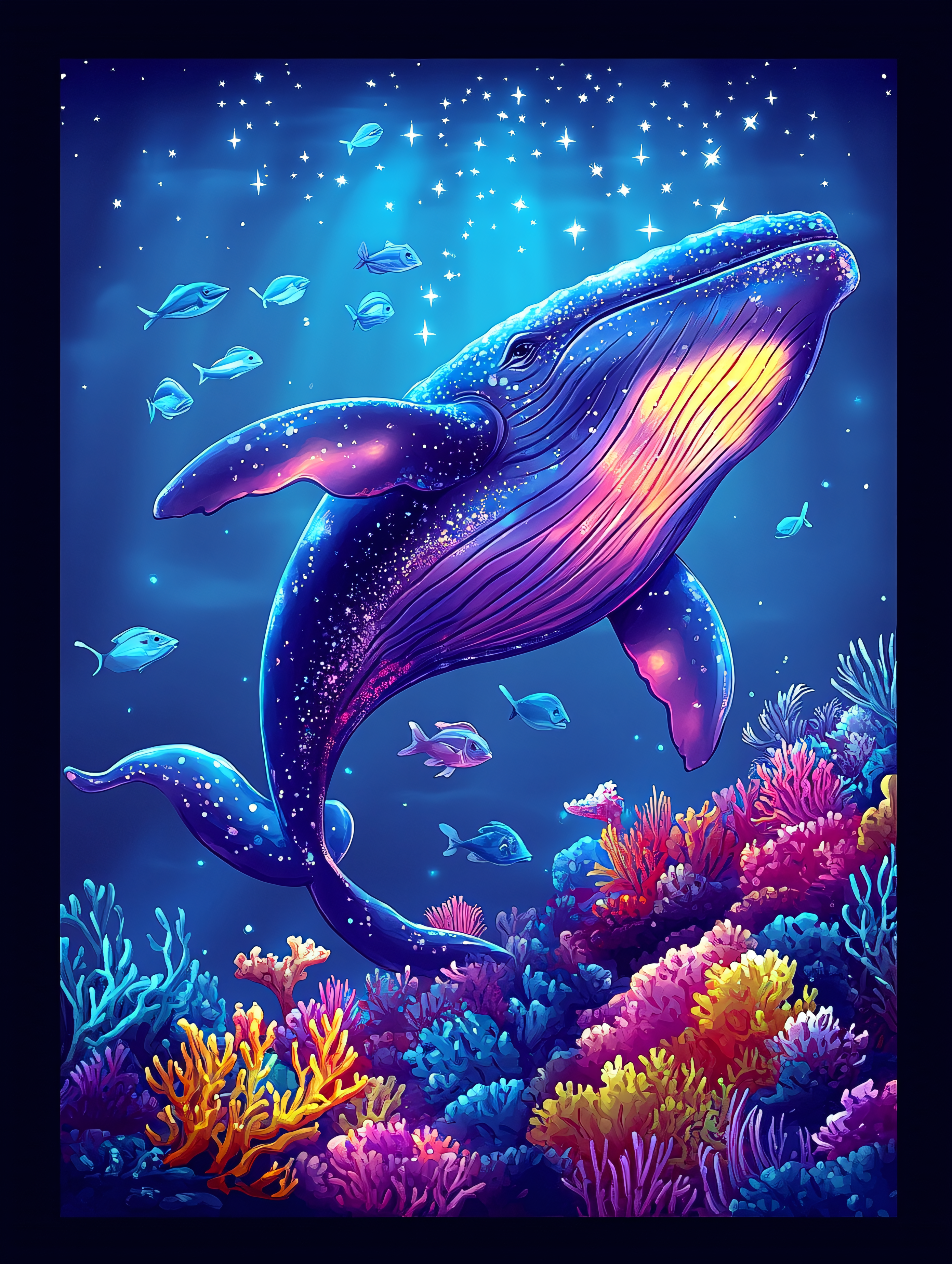 Whimsical Whale in a Starry Underwater Scene