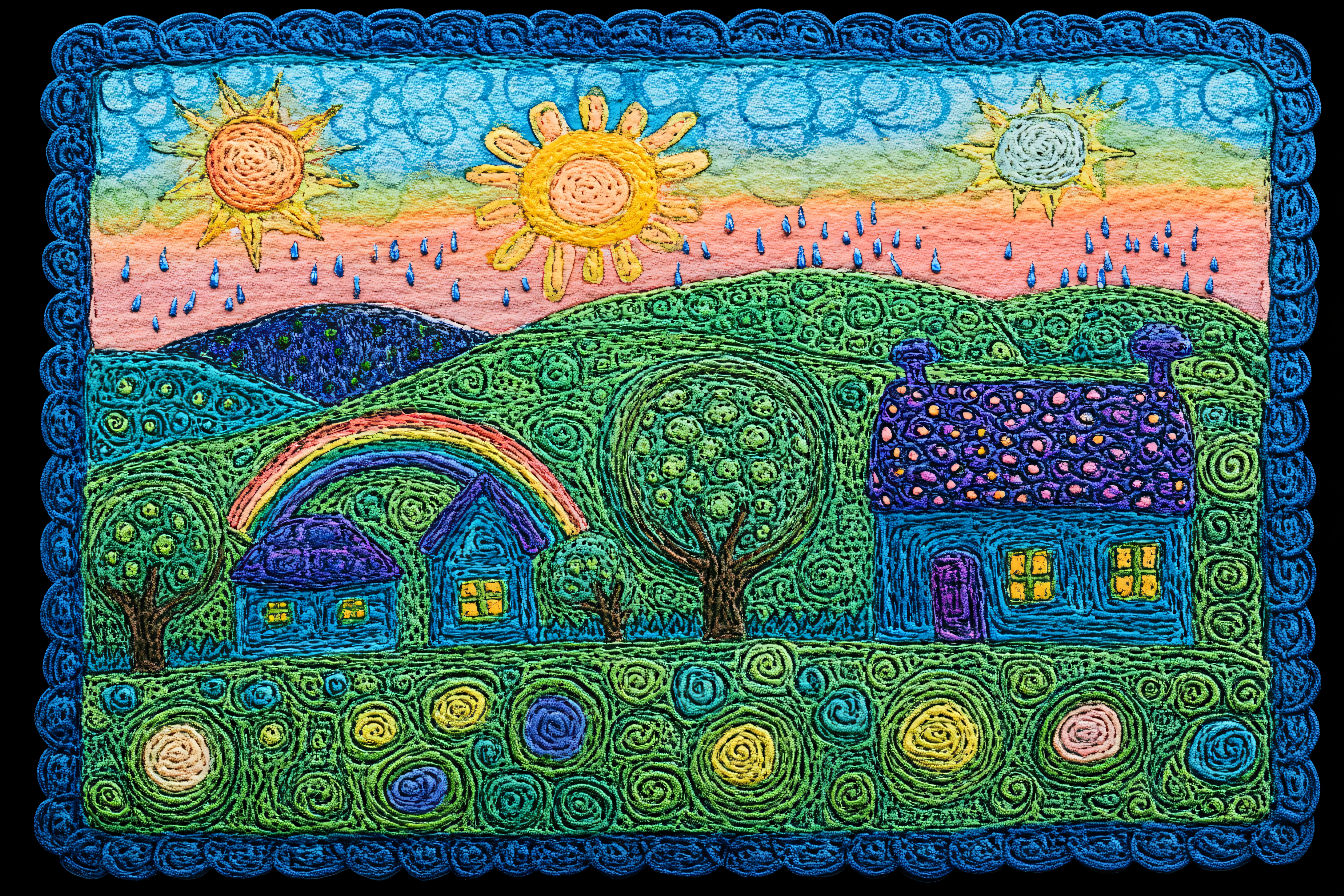 Whimsical Yarn Landscape With Houses And Rainbow