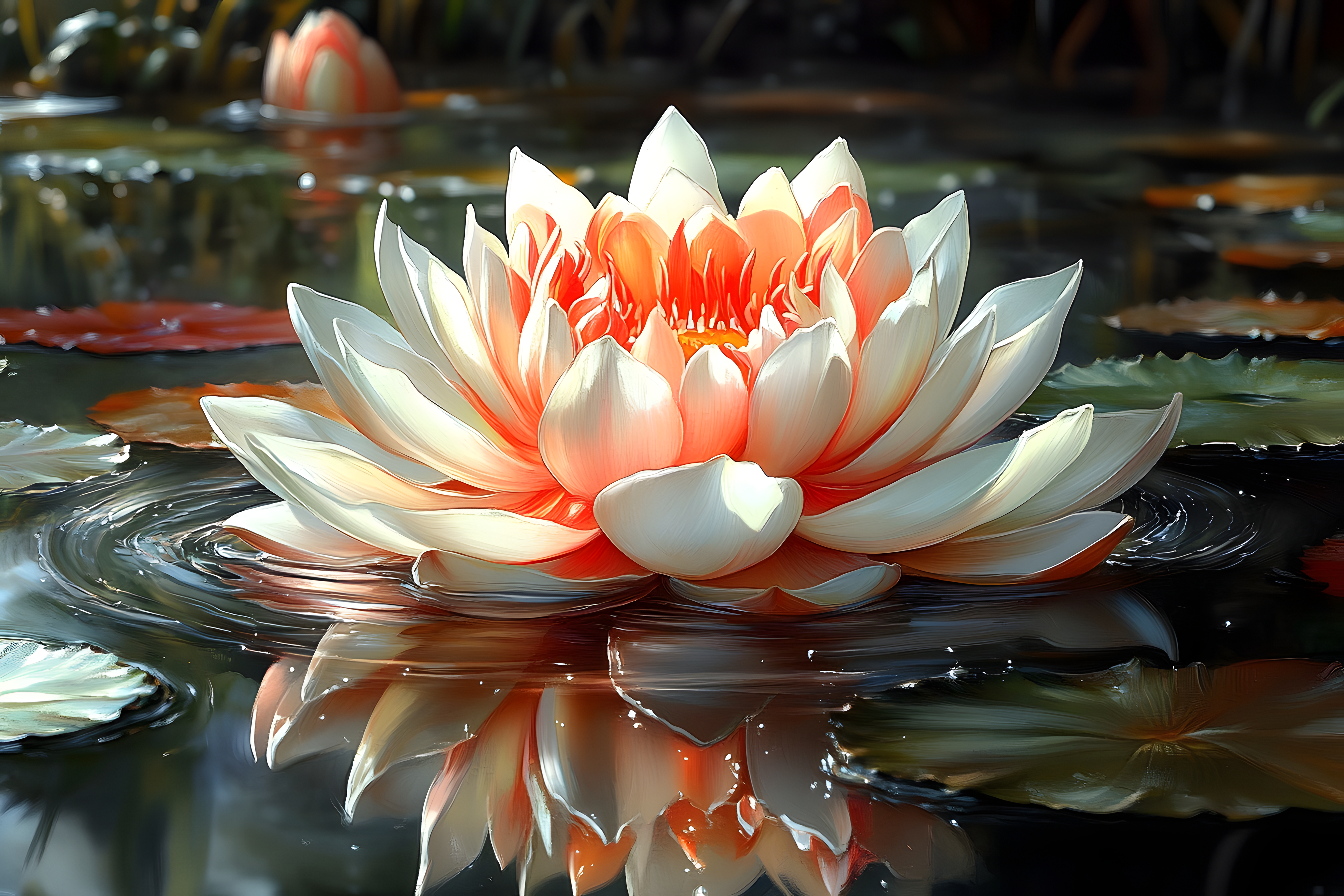 White and Orange Lotus Blossom in Water