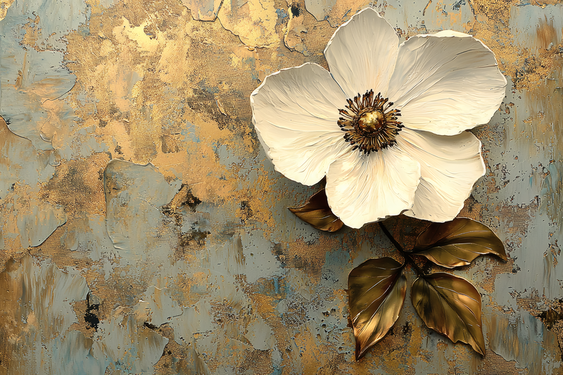 White Flower on Textured Gold and Blue Background