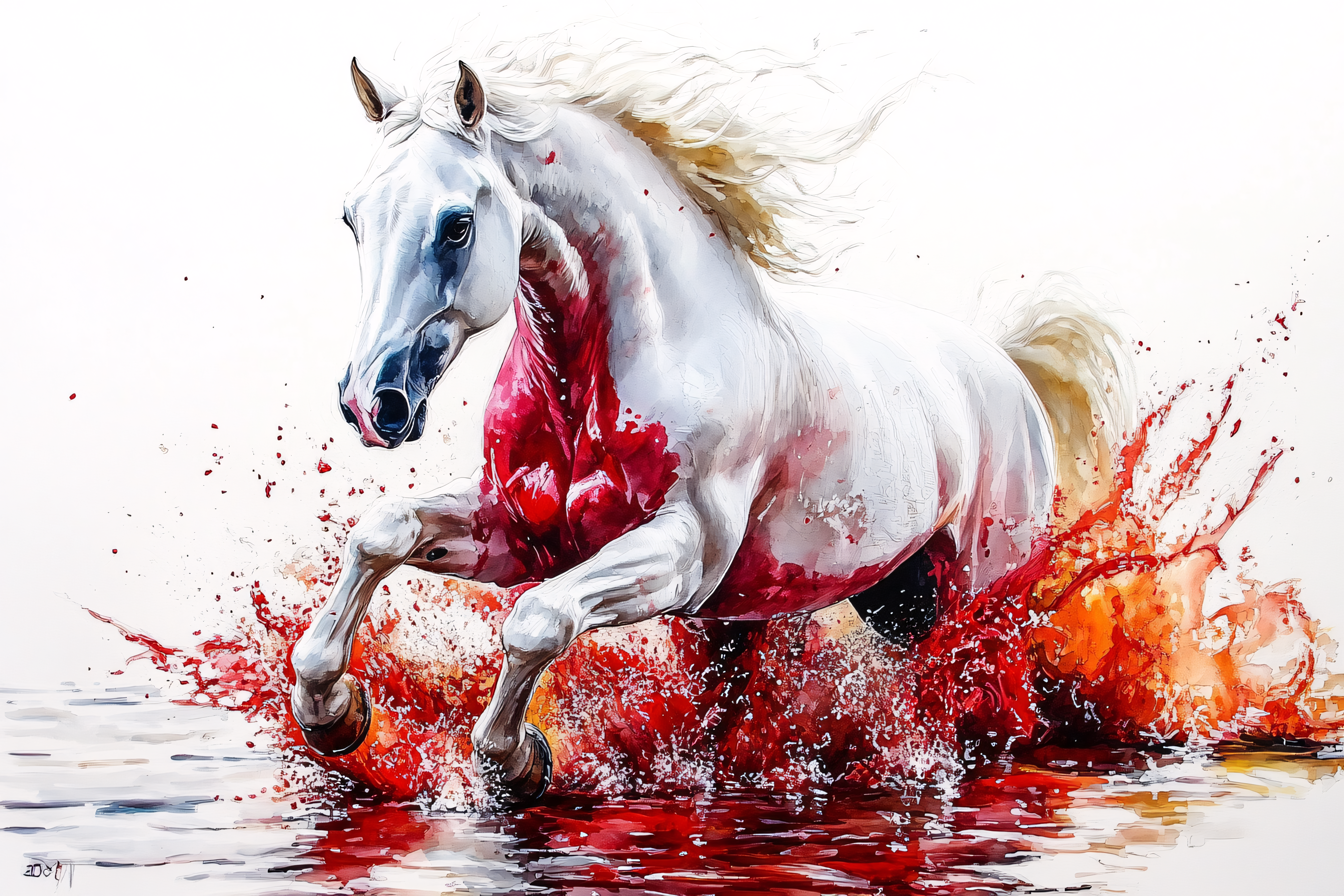 White Horse Galloping Through Red Water