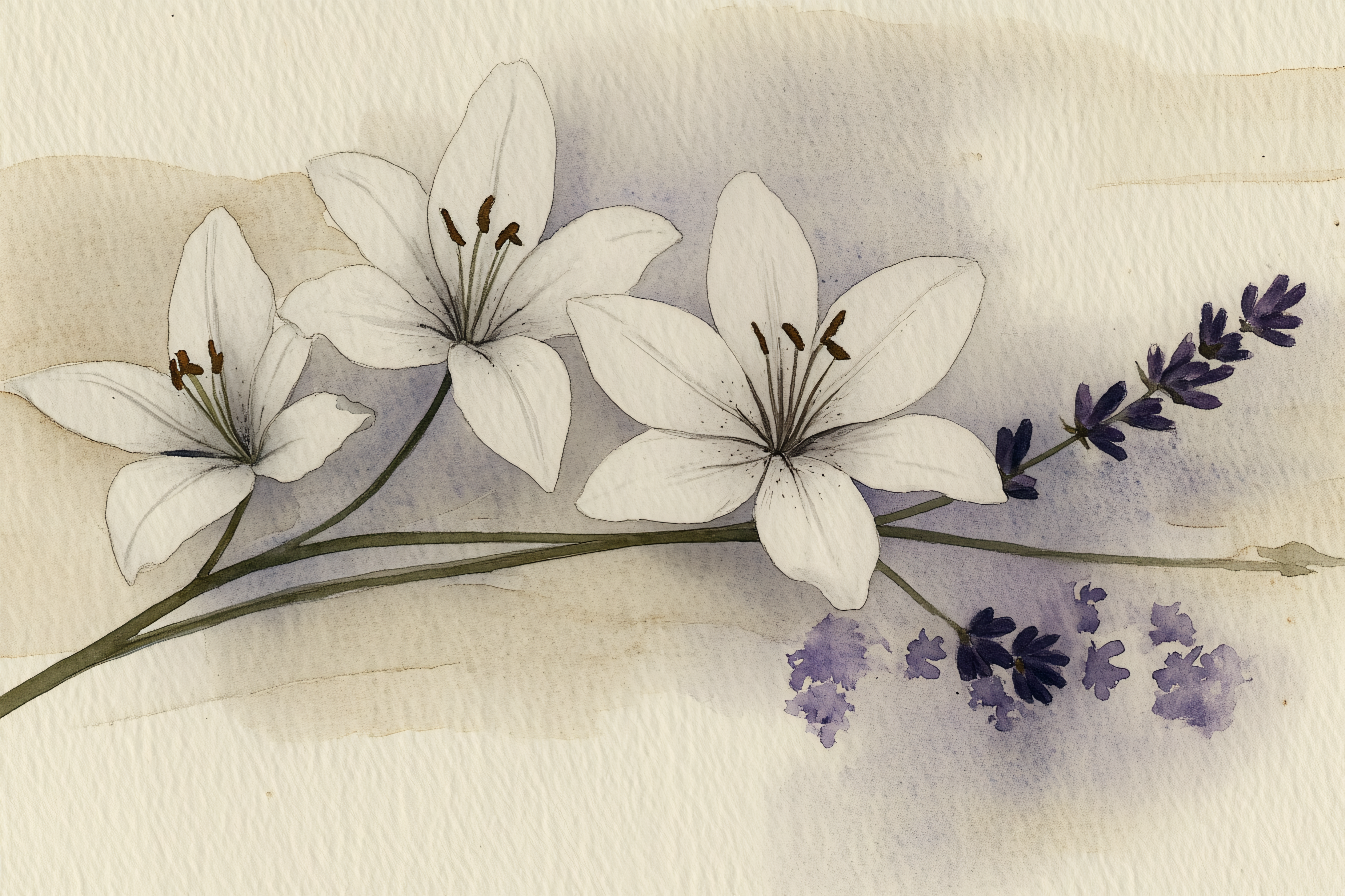 White Lilies and Lavender Watercolor