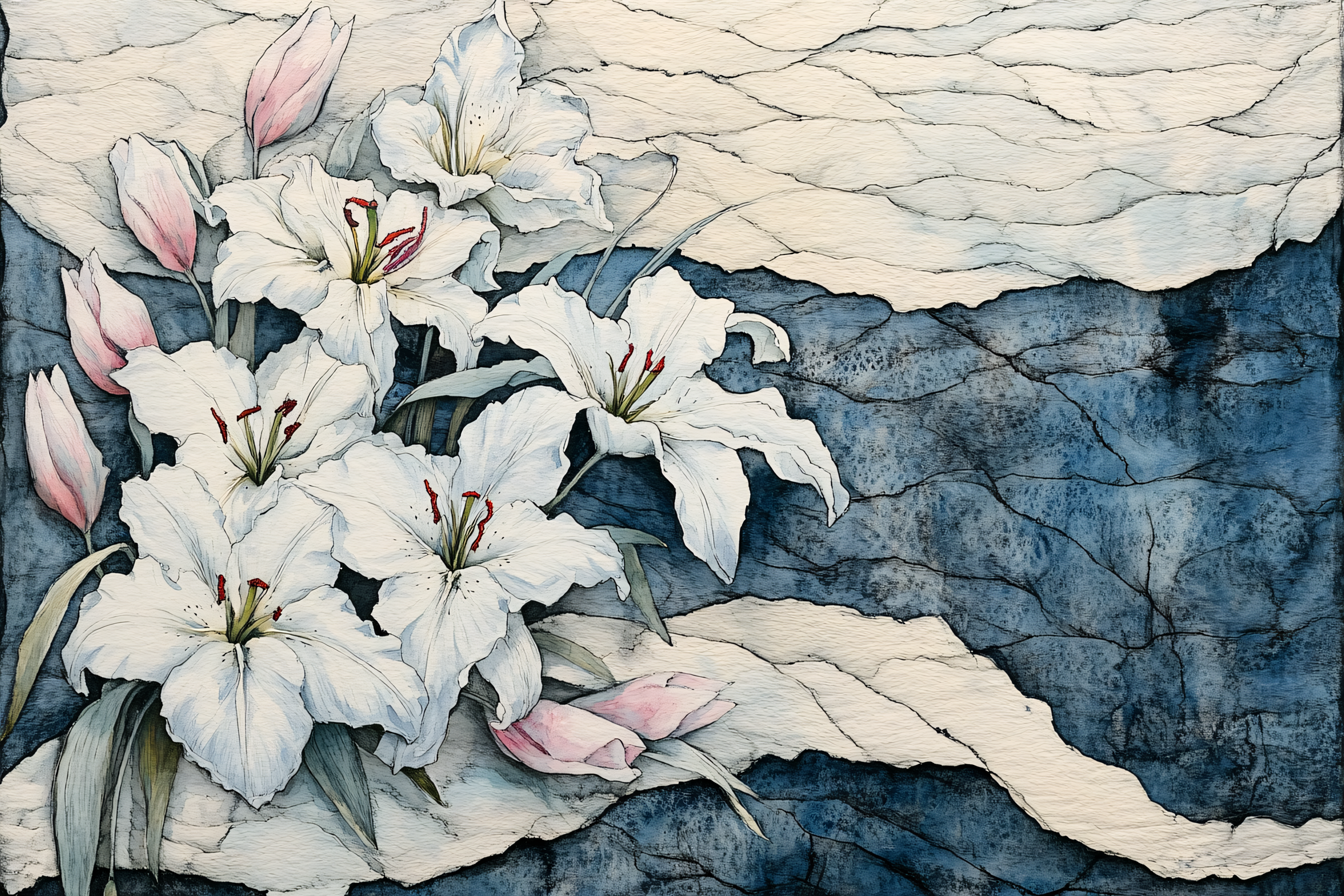 White Lilies and Pink Buds