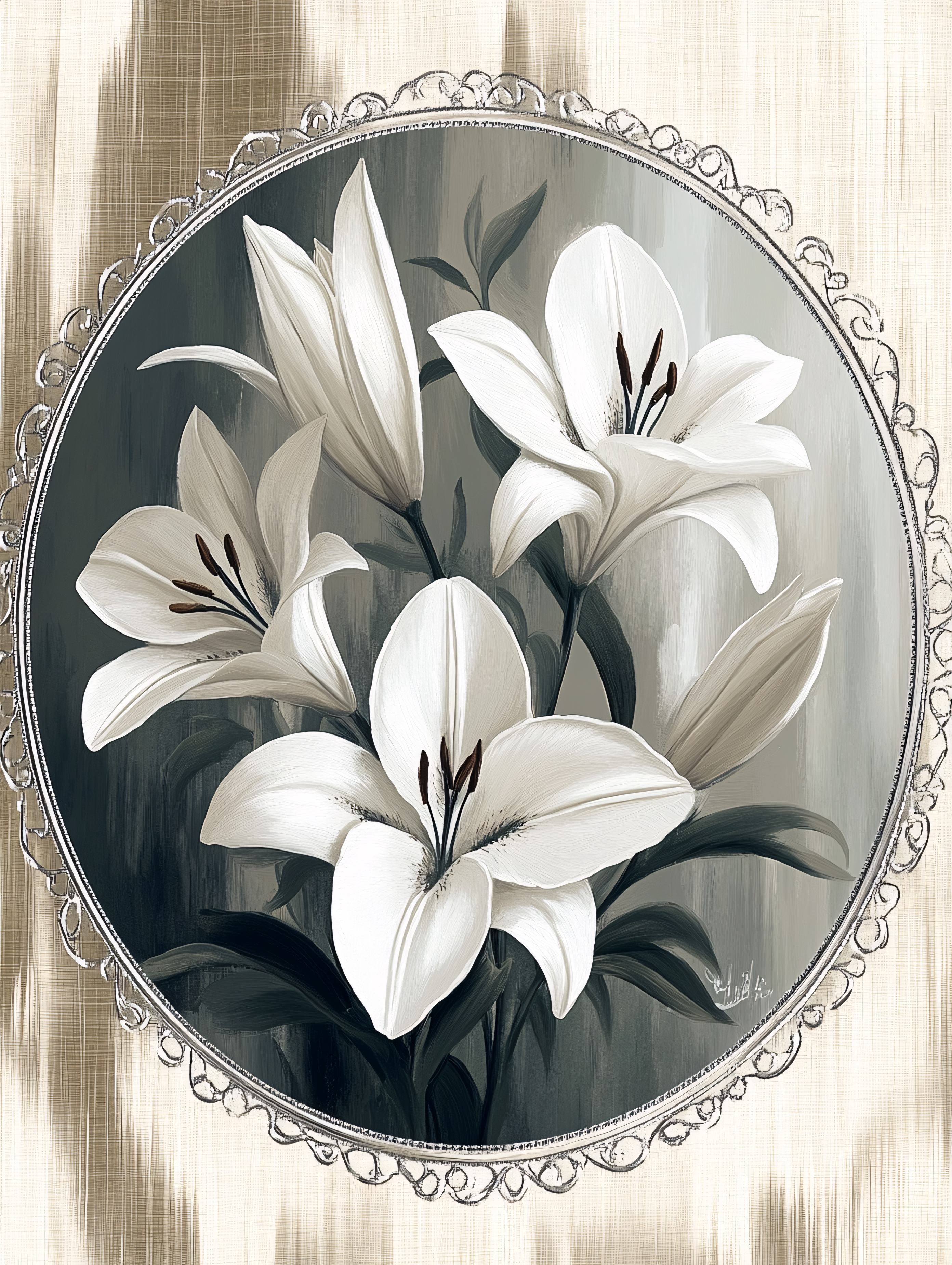 White Lilies in Oval Frame