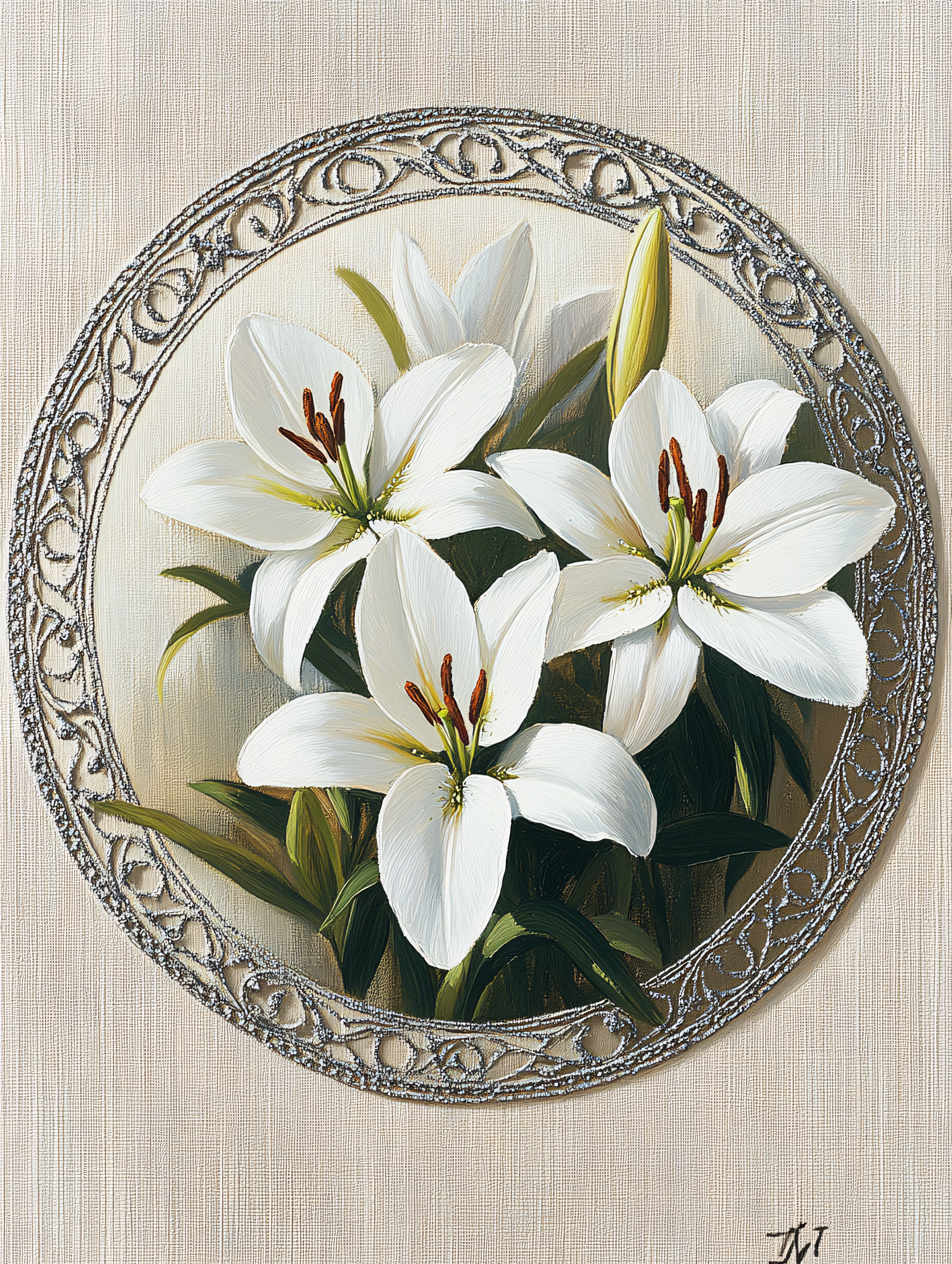 White Lilies in Oval Frame