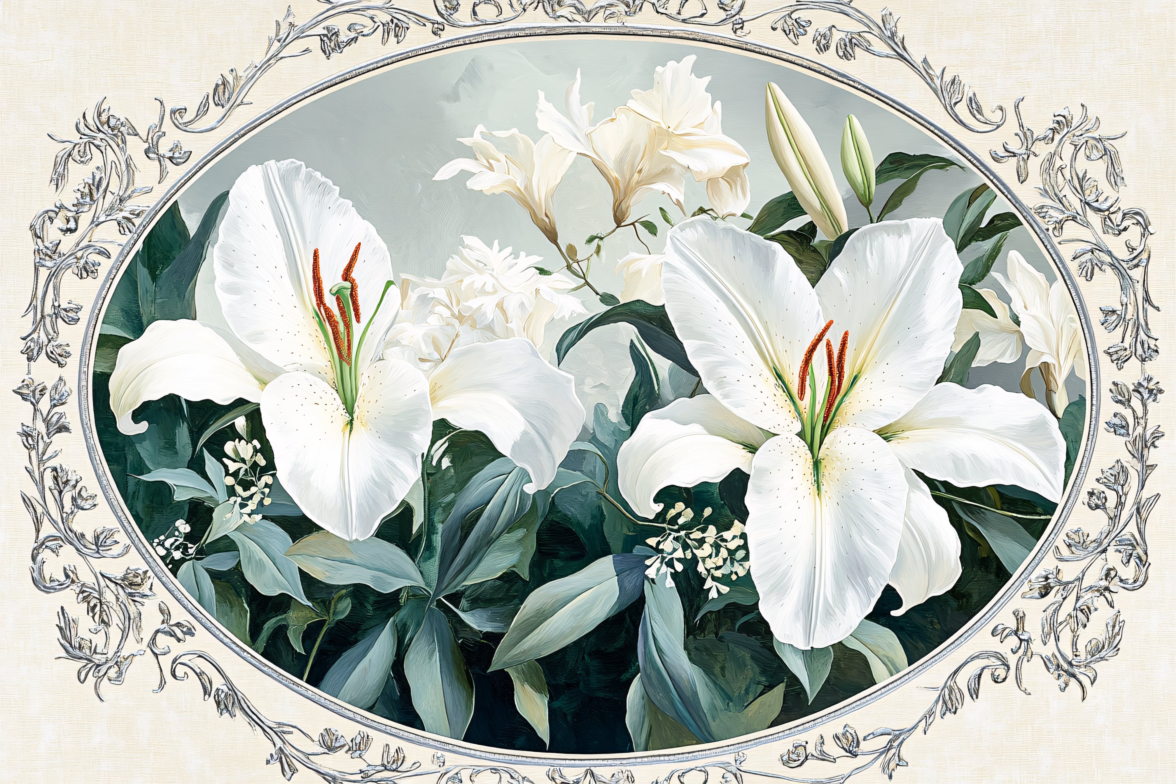 White Lilies in Oval Frame