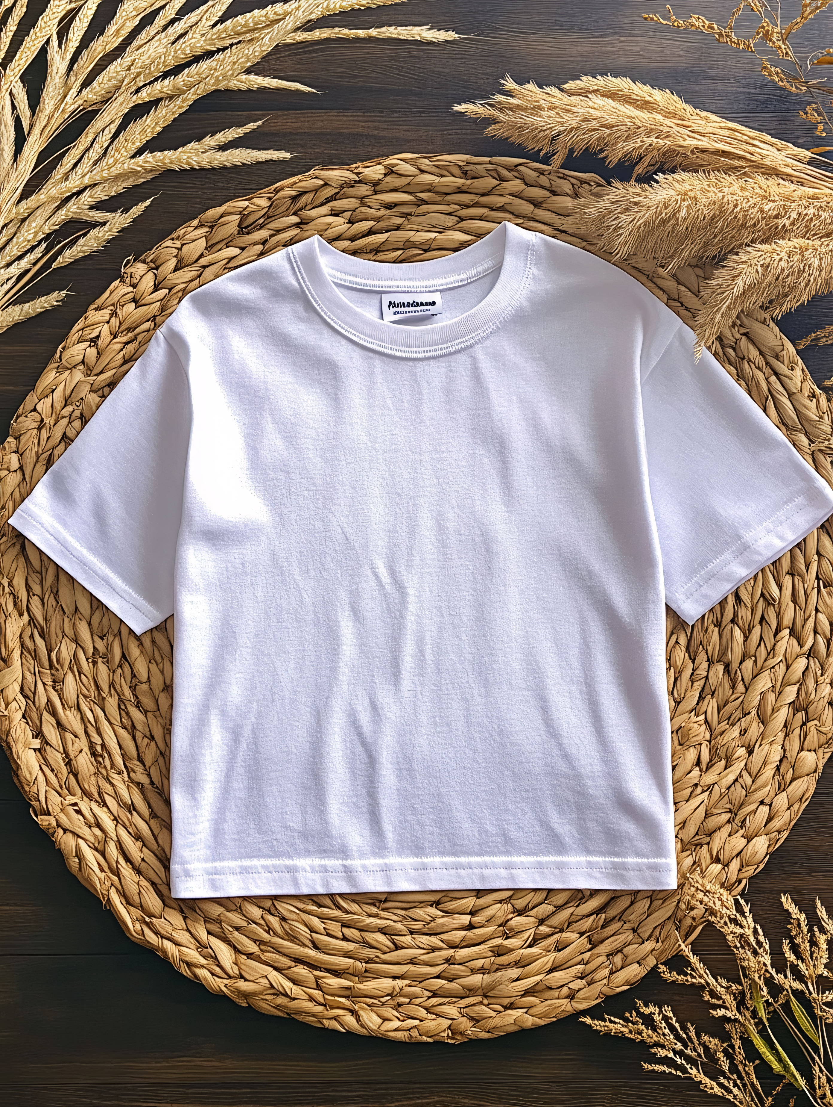 White T-Shirt on Wicker Mat with Wheat Stalks