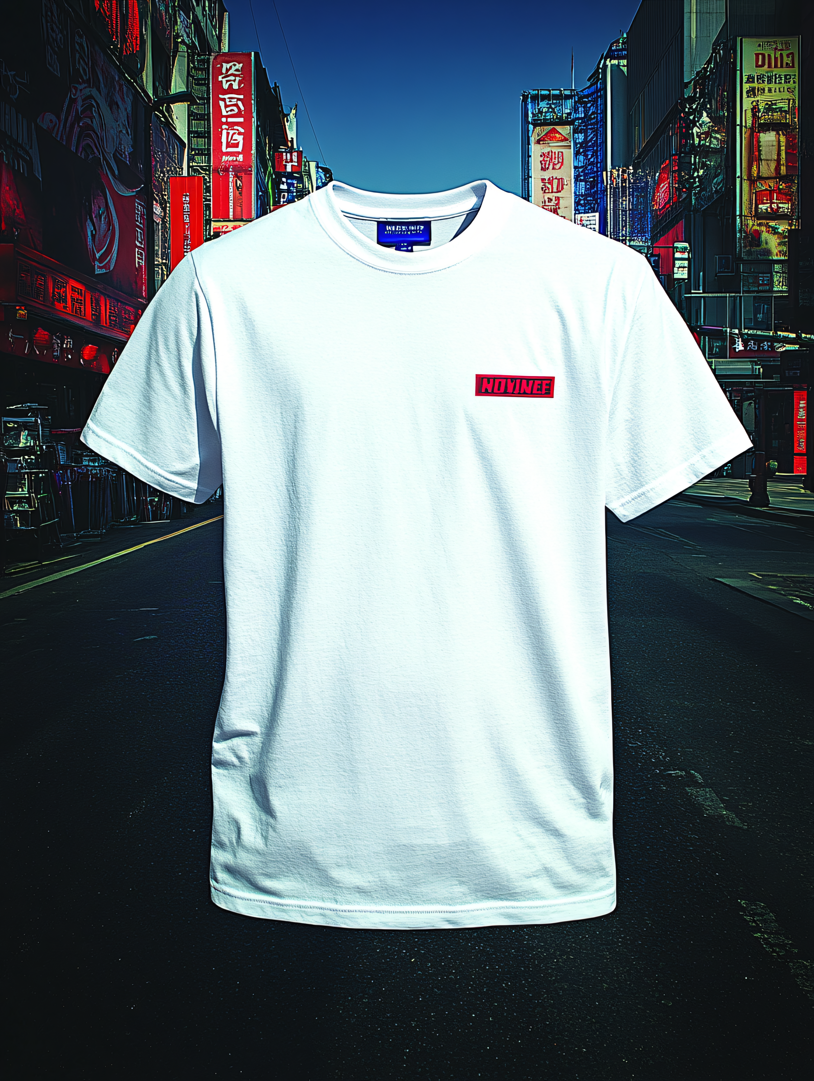White T-Shirt With Red Logo On City Street