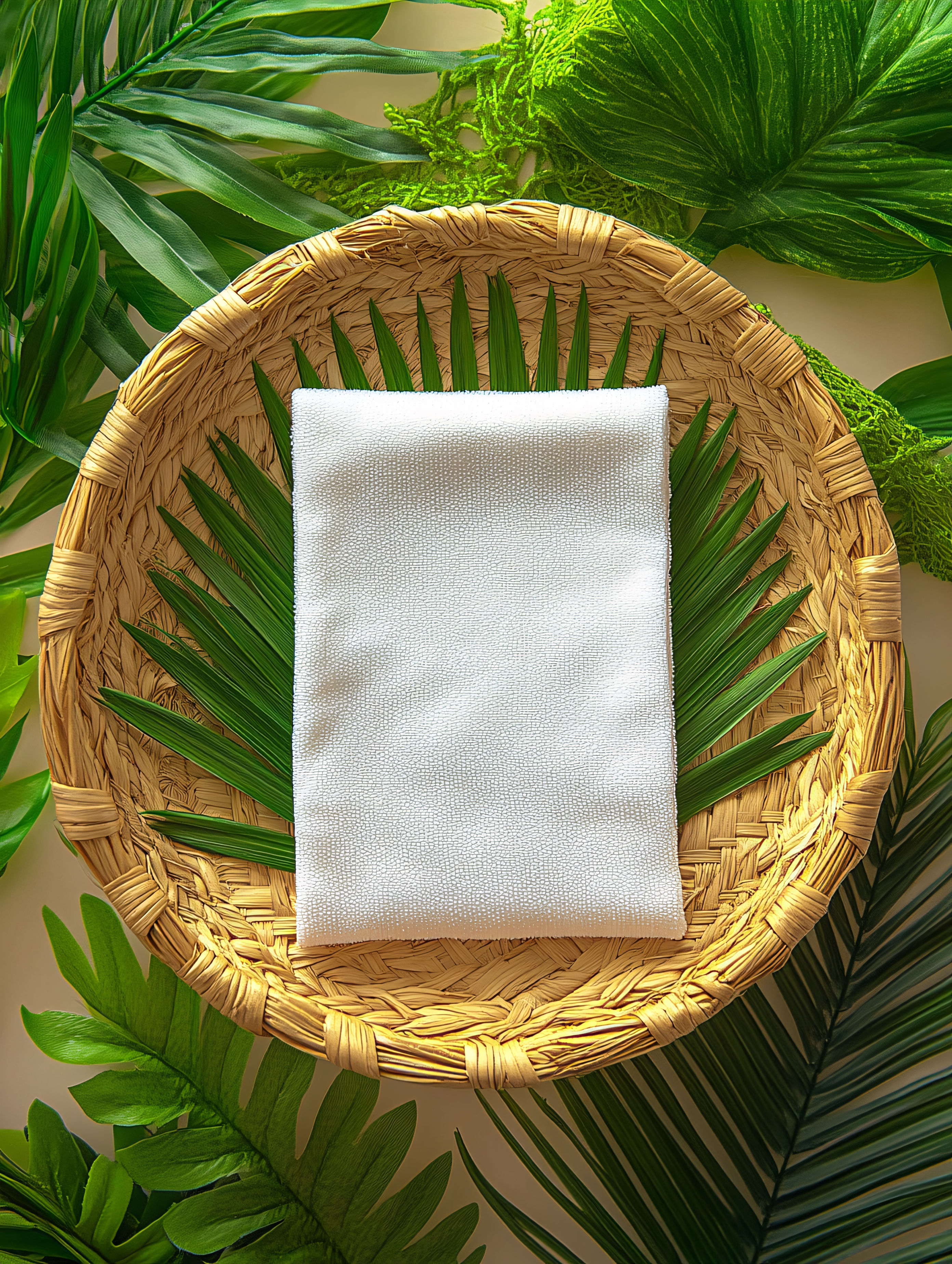White Towel on Palm Leaves in Basket