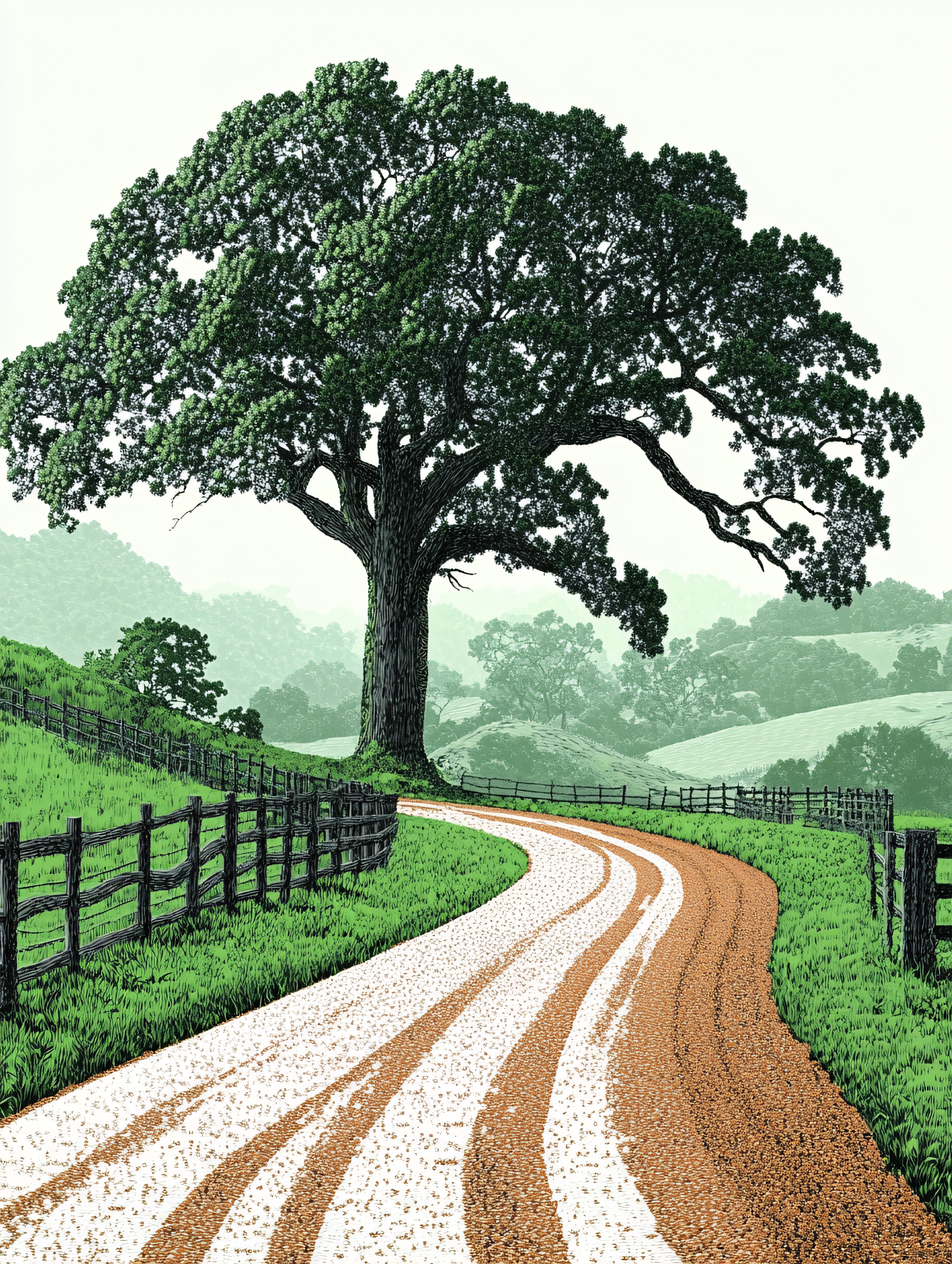 Winding Dirt Road Under a Sprawling Oak Tree