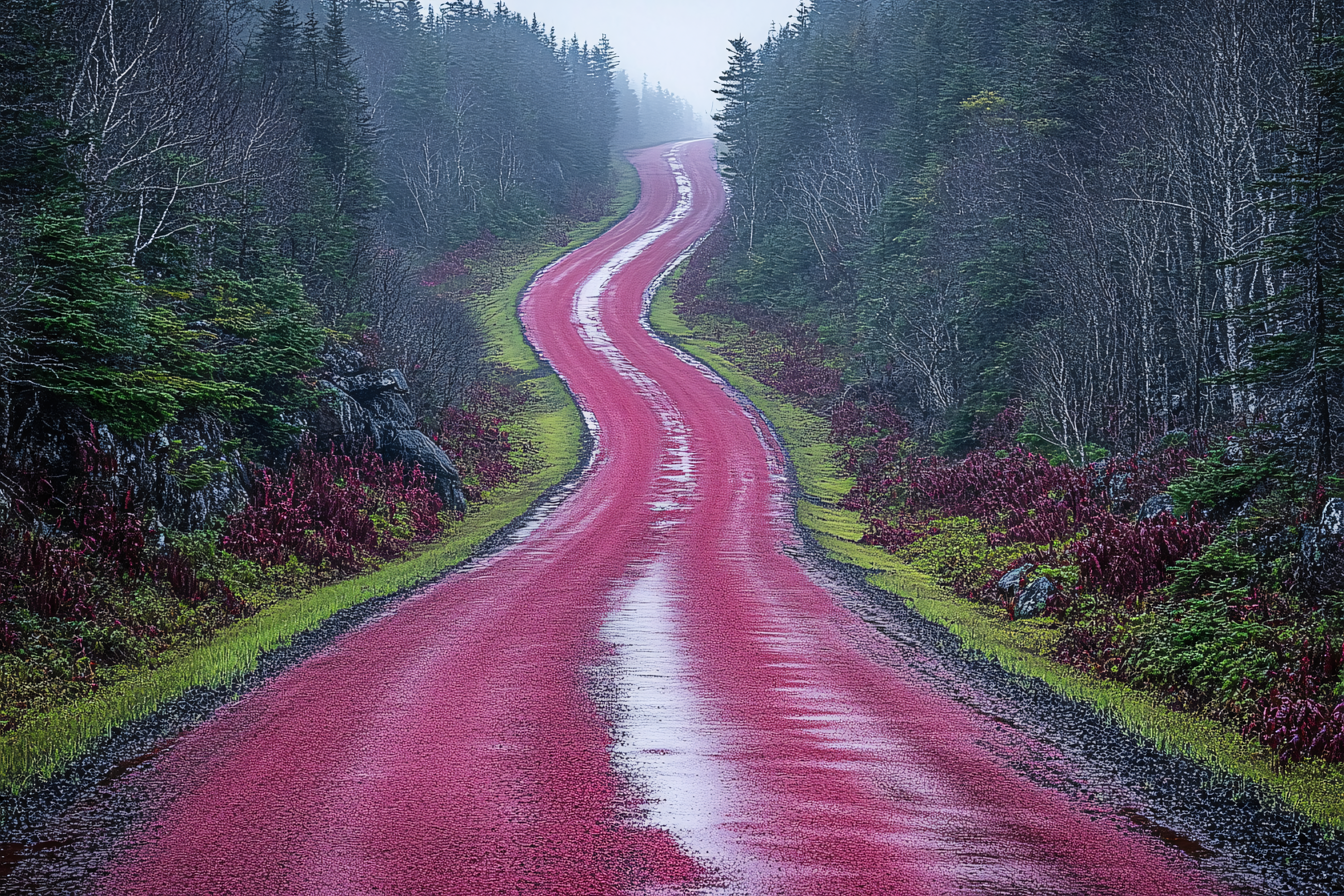 Winding Red Road Through Misty Forest