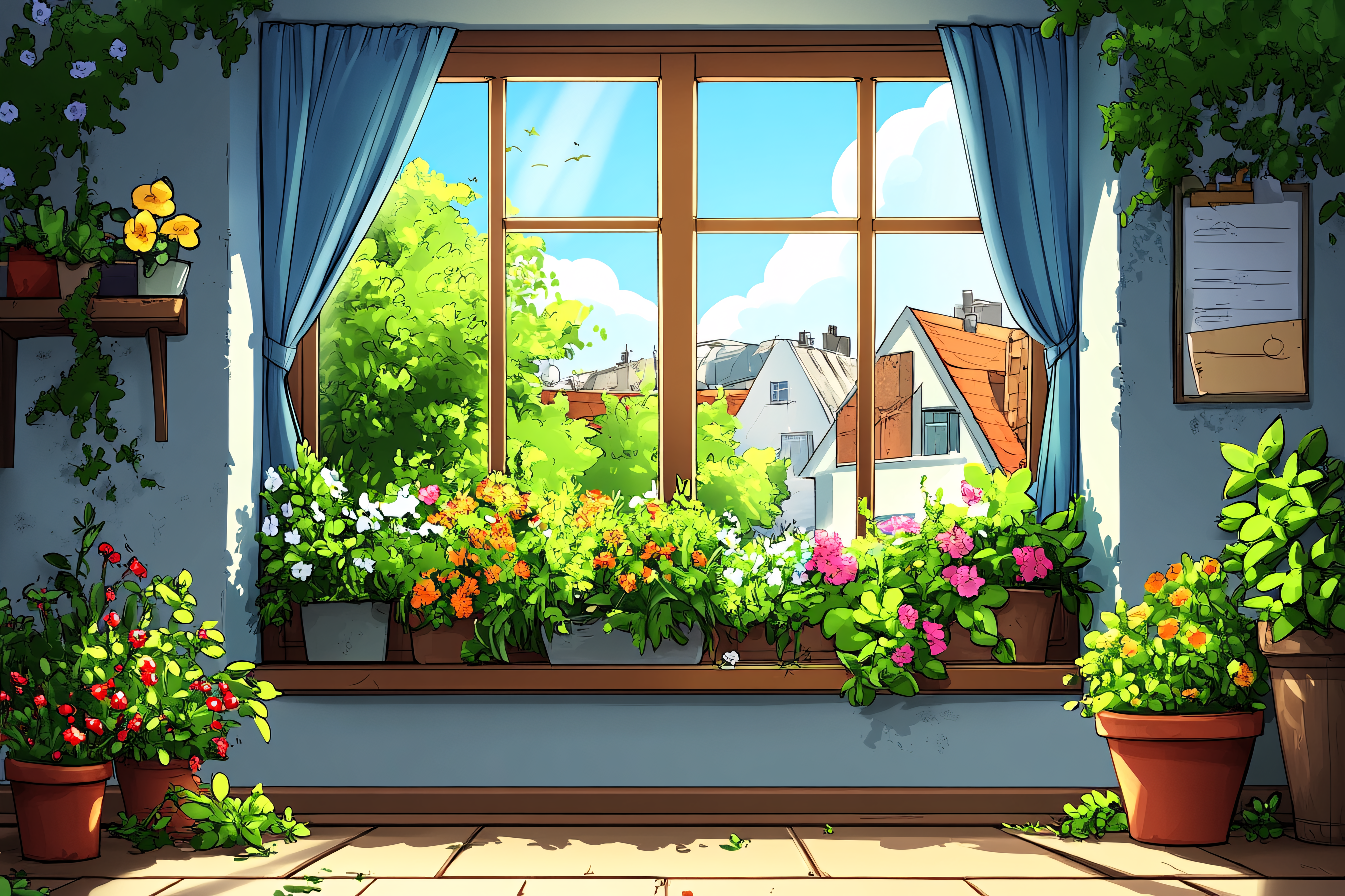 Window View With Flowers And Garden