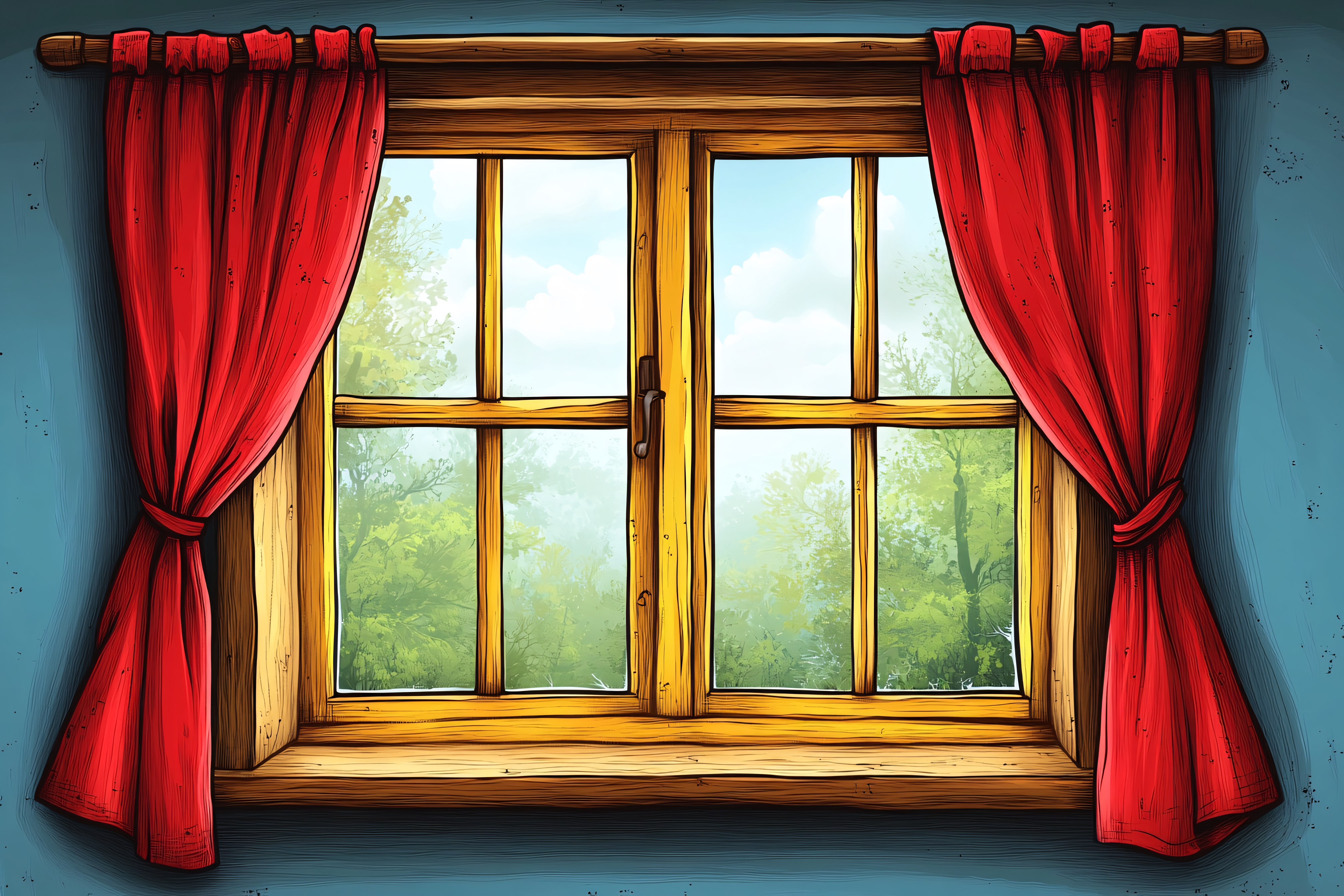 Window With Red Curtains And Forest View
