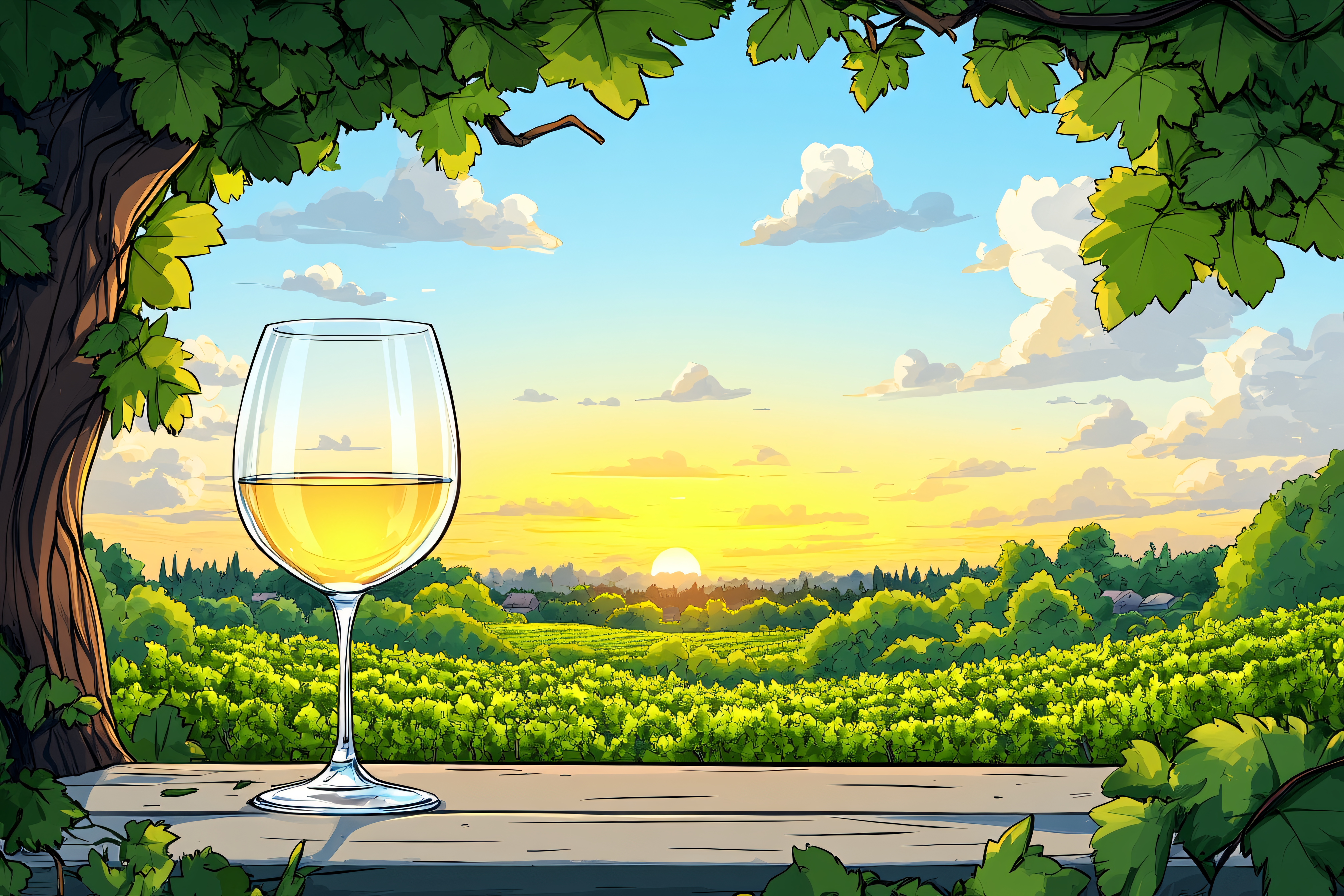 Wine Glass Overlooking Vineyard at Sunset